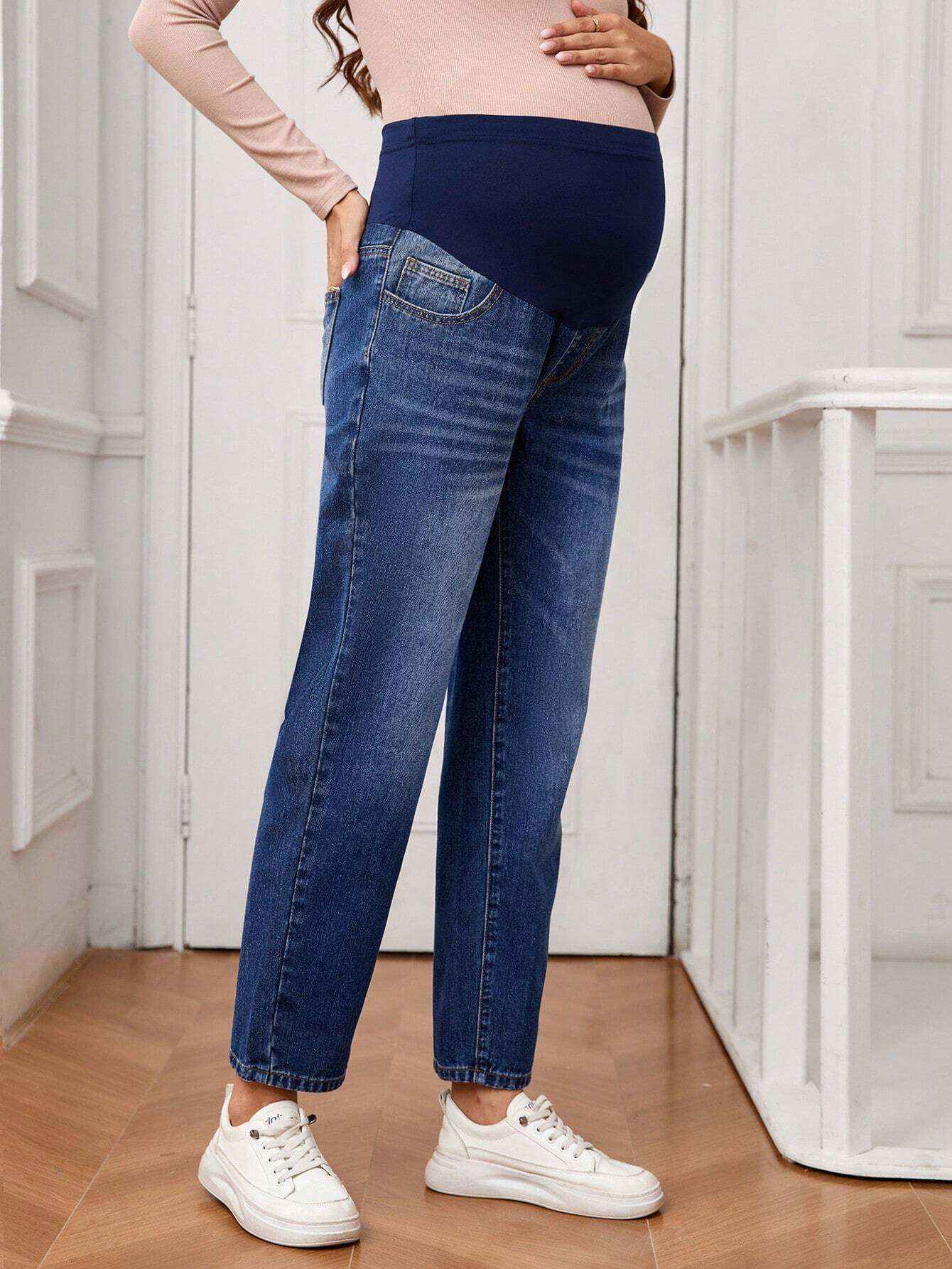 سراويل جينز ذات ساق مستقيمة، بتصميم رقعي بالتباين للحوامل - Pink&blue