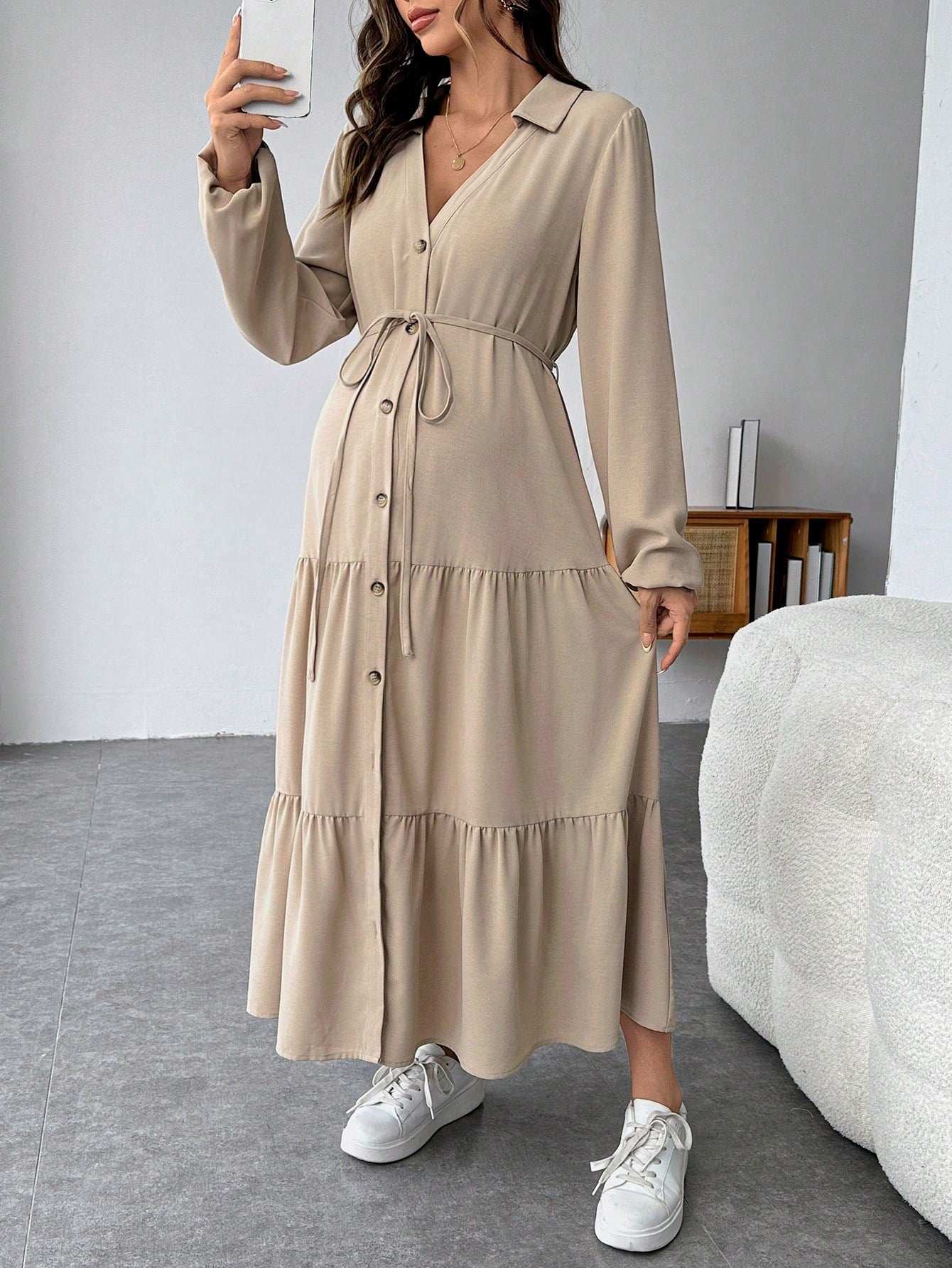 فستان قميص محبوك بفتحات و تنورة مذيلة بالكشكشة و حزام ، فستان قميص محبوك بحزام - Pink&blue