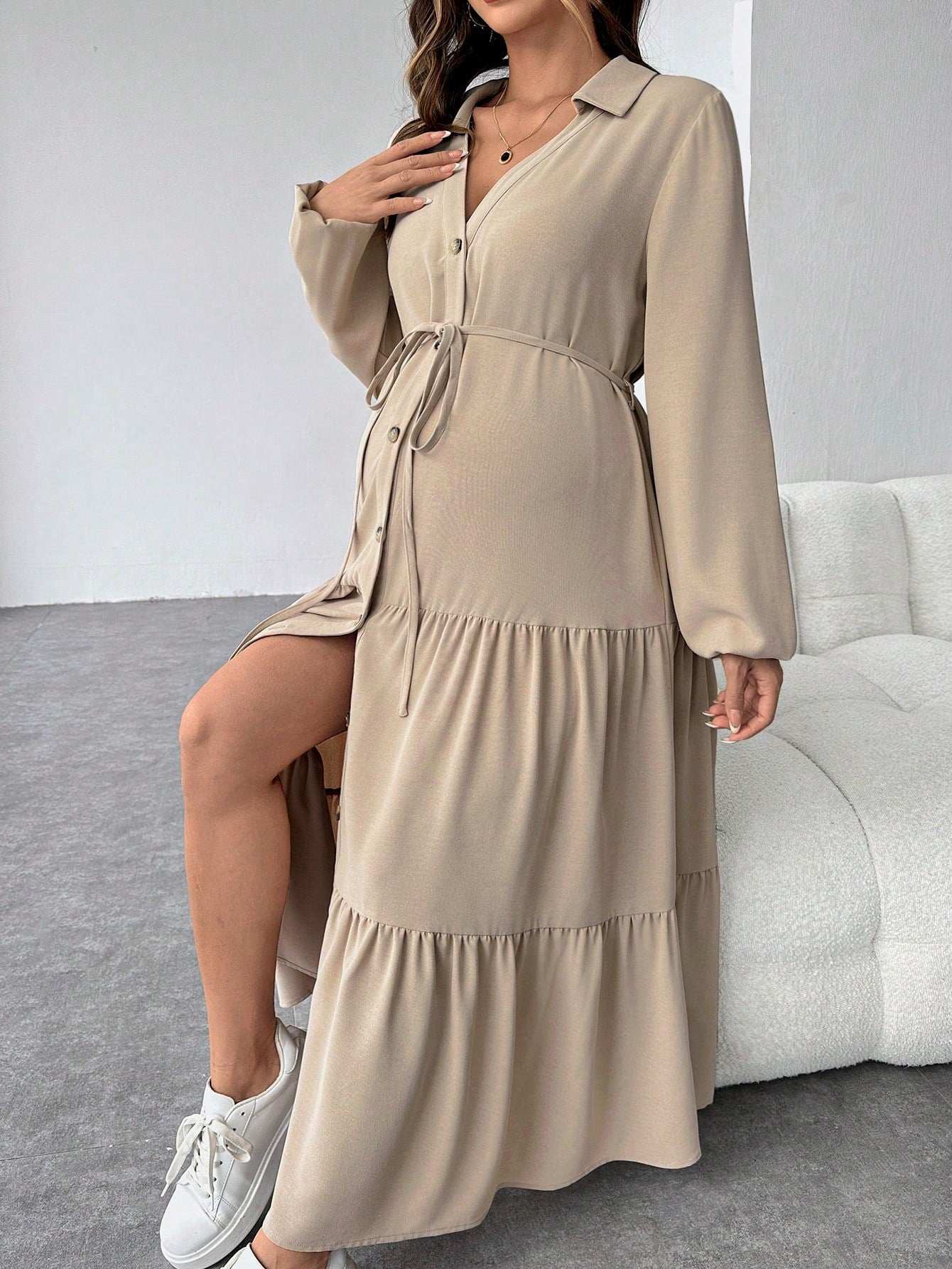 فستان قميص محبوك بفتحات و تنورة مذيلة بالكشكشة و حزام ، فستان قميص محبوك بحزام - Pink&blue