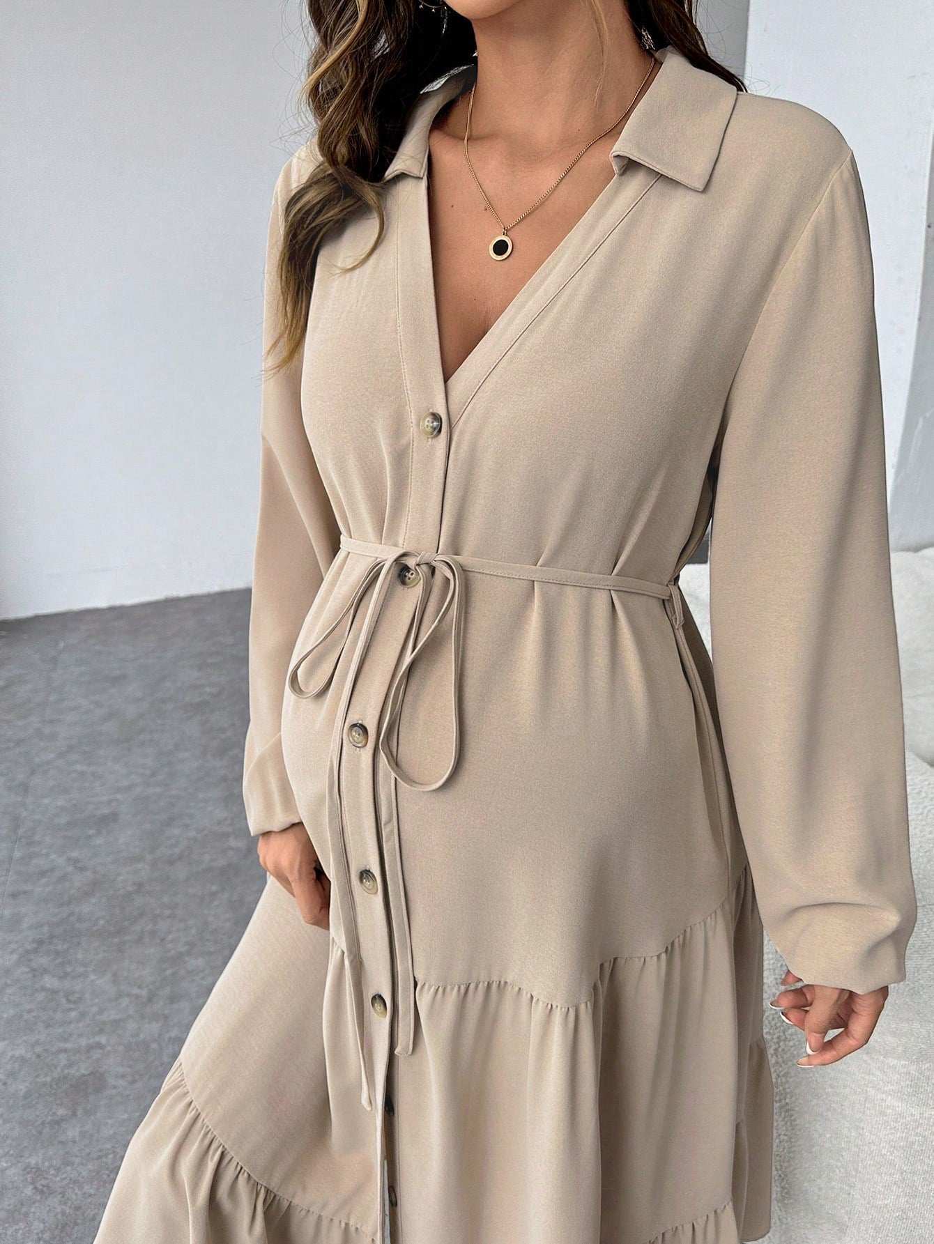 فستان قميص محبوك بفتحات و تنورة مذيلة بالكشكشة و حزام ، فستان قميص محبوك بحزام - Pink&blue