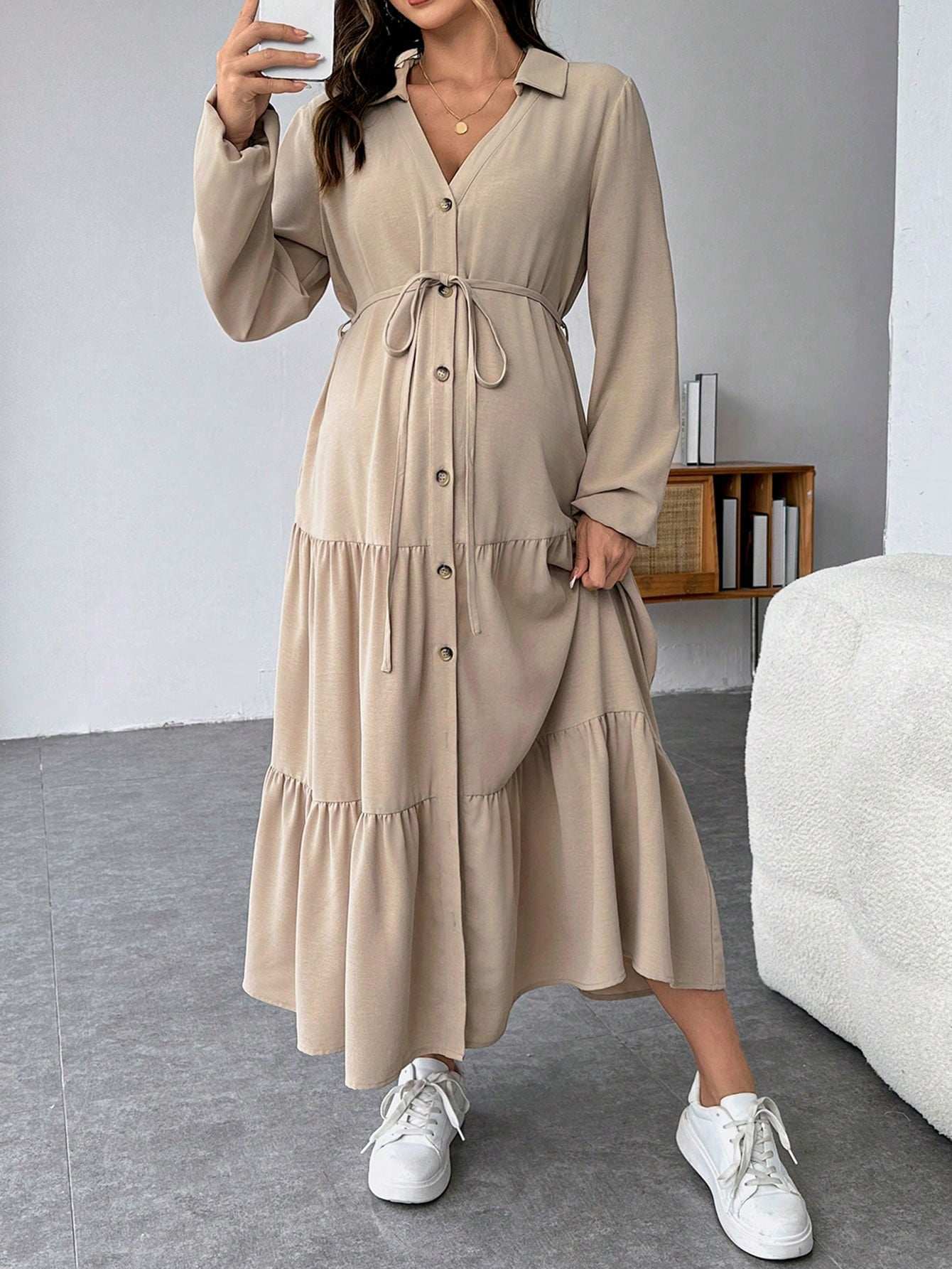 فستان قميص محبوك بفتحات و تنورة مذيلة بالكشكشة و حزام ، فستان قميص محبوك بحزام - Pink&blue