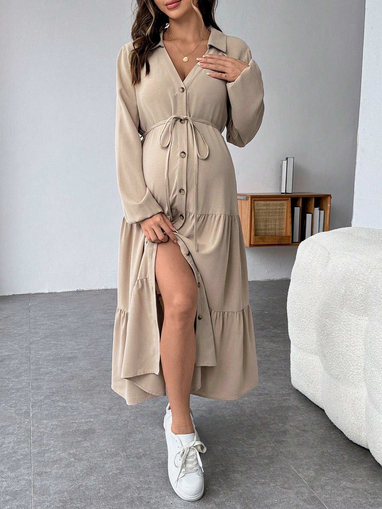 فستان قميص محبوك بفتحات و تنورة مذيلة بالكشكشة و حزام ، فستان قميص محبوك بحزام - Pink&blue