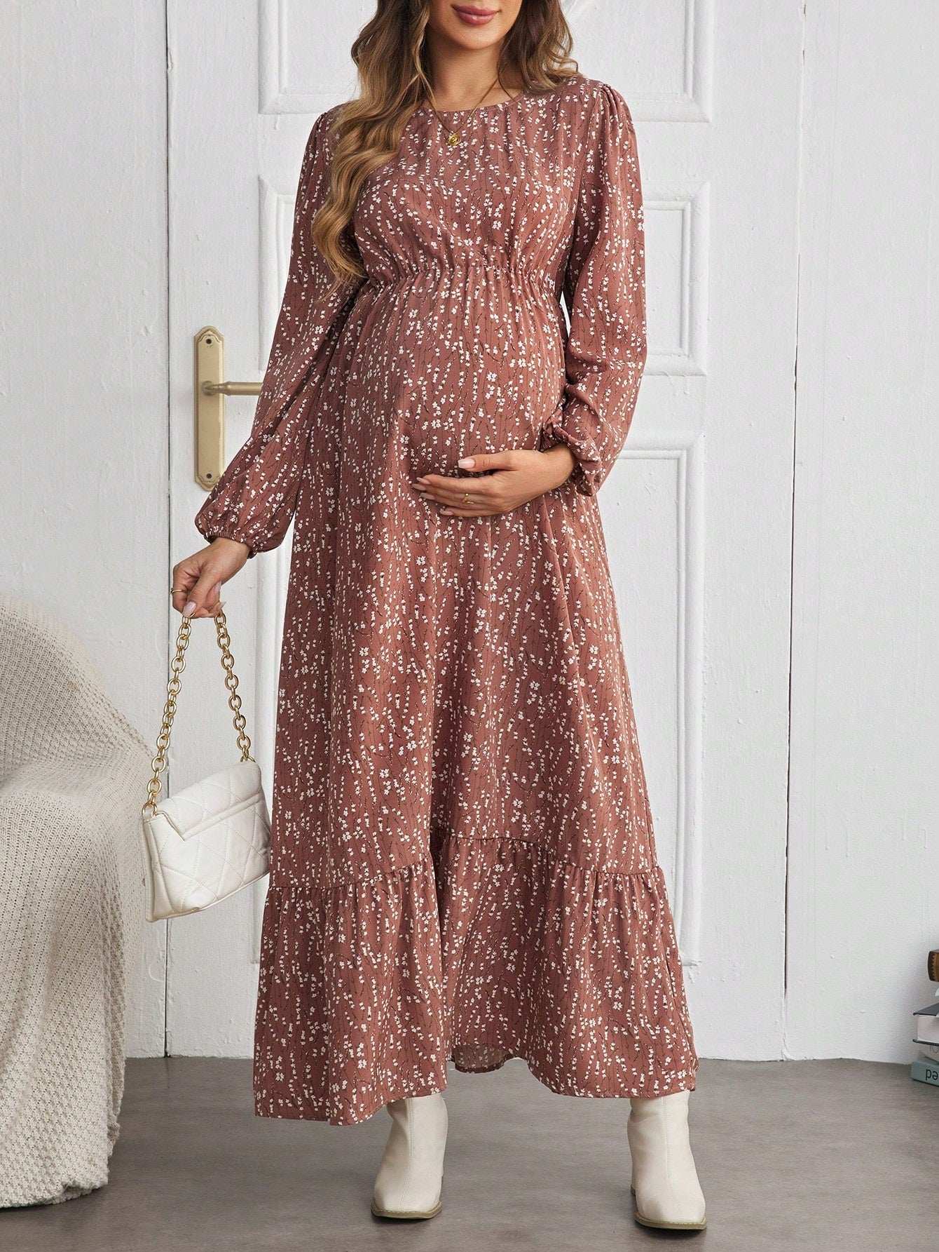 فستان أكمام طويلة ذو طبعة زهرية وكشكش عند الهامش للأمومة بياقة مستديرة - Pink&blue