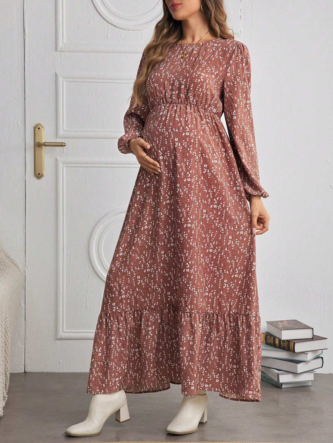 فستان أكمام طويلة ذو طبعة زهرية وكشكش عند الهامش للأمومة بياقة مستديرة - Pink&blue