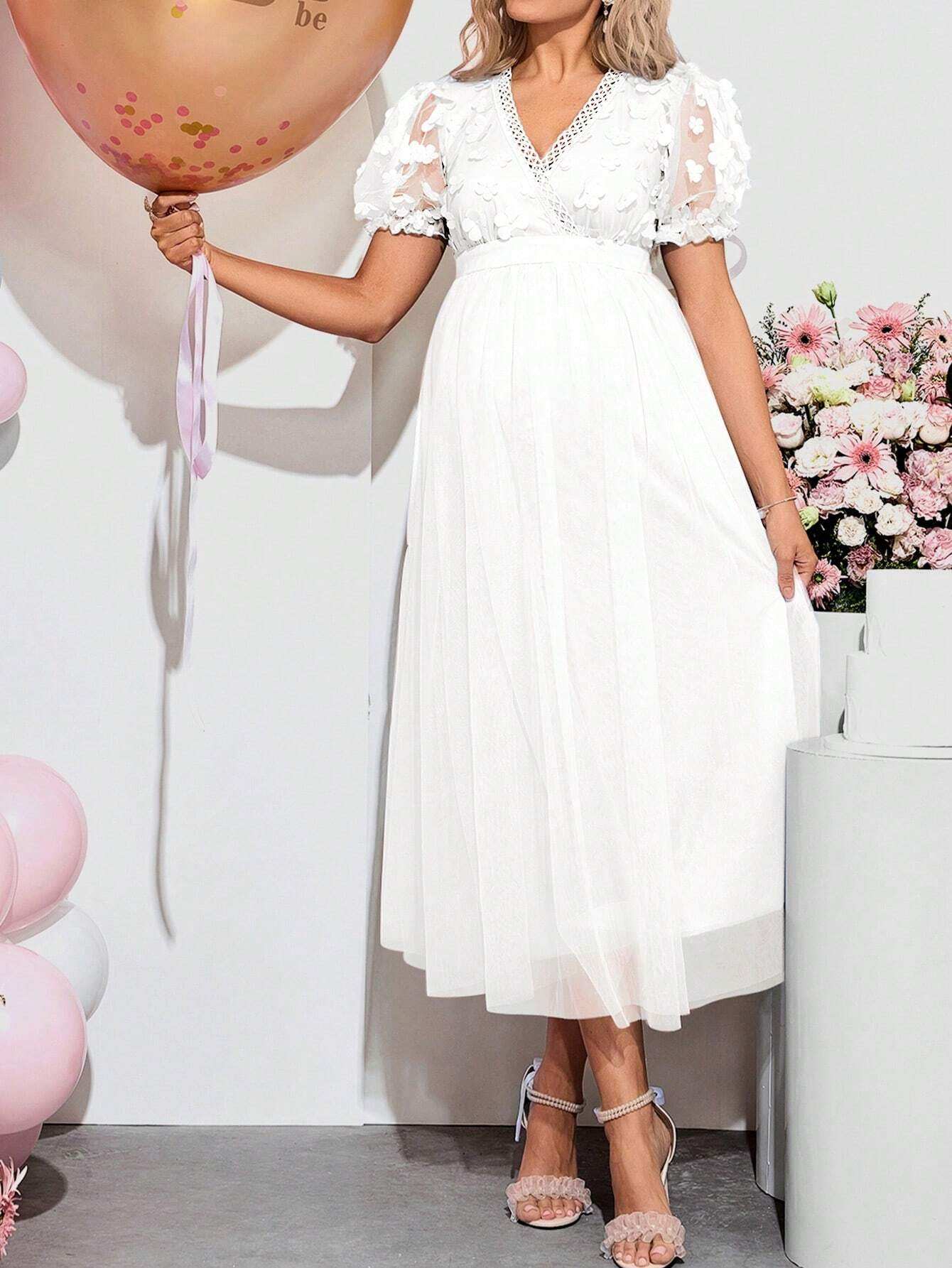 فستان كشف جنس الطفل للحوامل، رقبة على شكل حرف V، شفاف مع تباين أكمام قصيرة، مناسب تمامًا لحفلات الاستقبال باستقبال الطفل أو حفلات العطلات - Pink&blue