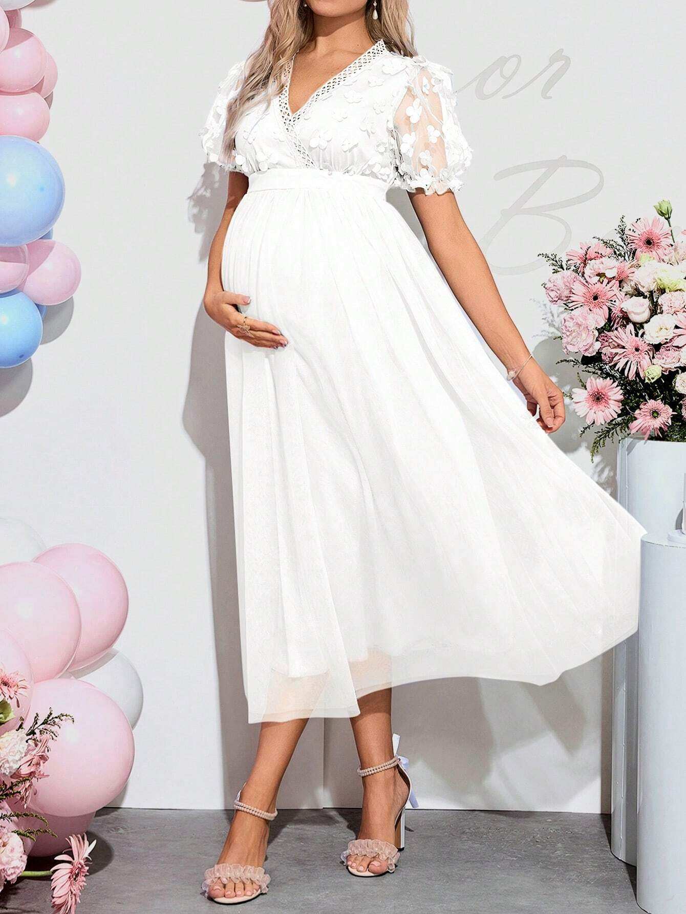 فستان كشف جنس الطفل للحوامل، رقبة على شكل حرف V، شفاف مع تباين أكمام قصيرة، مناسب تمامًا لحفلات الاستقبال باستقبال الطفل أو حفلات العطلات - Pink&blue