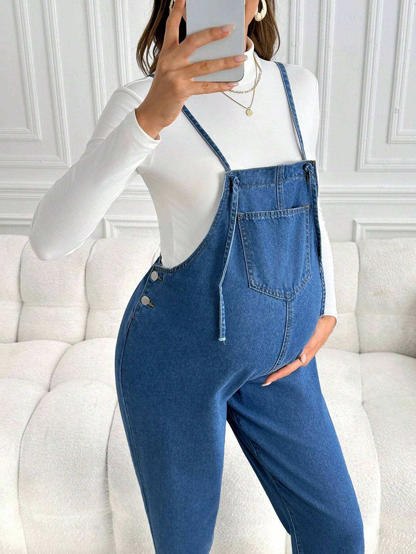 سروال وسترة جينز للحوامل, سراويل فضفاضة كاجوال بطول ٣/٤, أزرق - Pink&blue