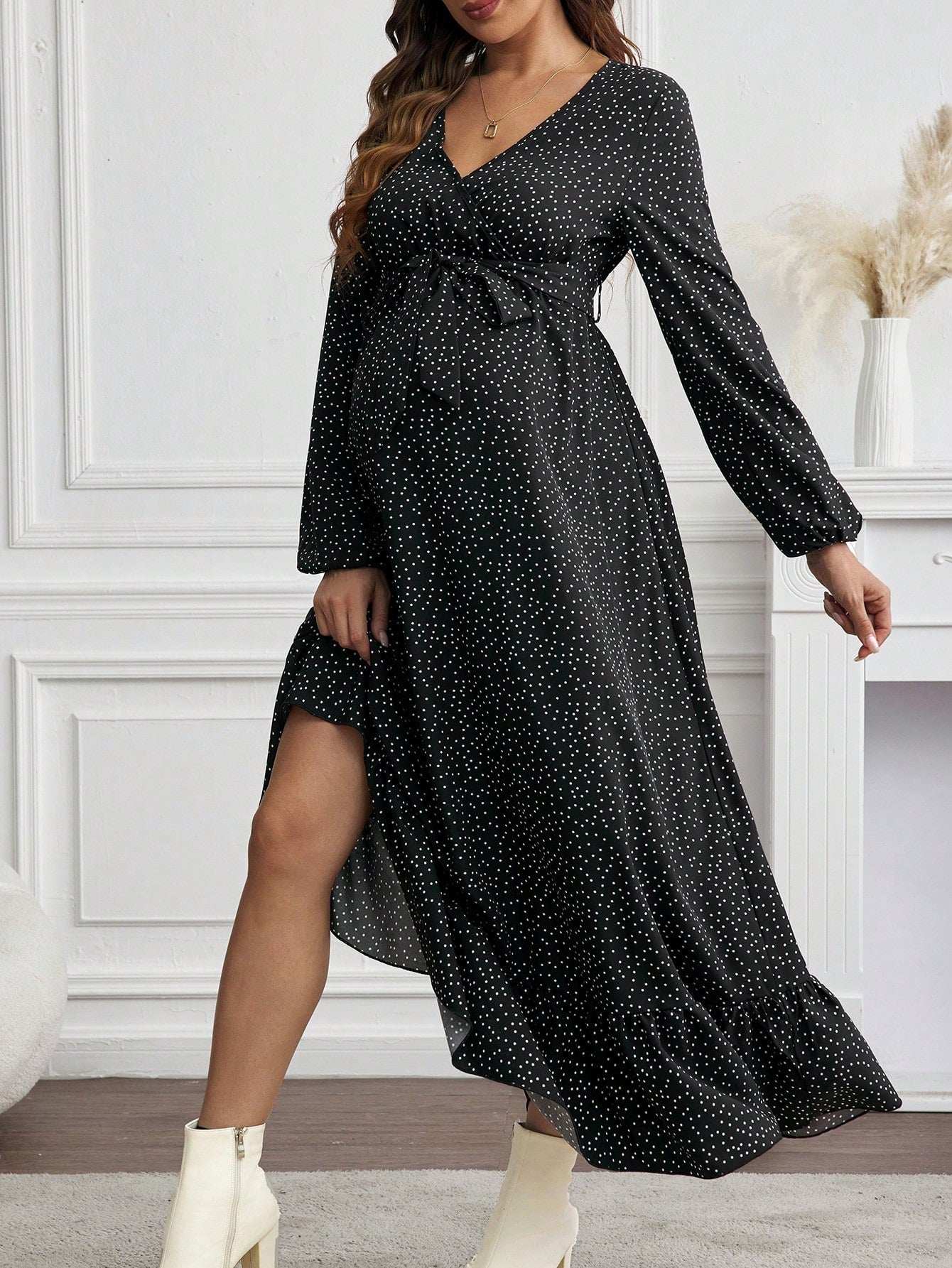 فستان طباعة كاملة الأكمام الطويلة مع شق في الفخذ، فستان حمل وإرضاع - Pink&blue