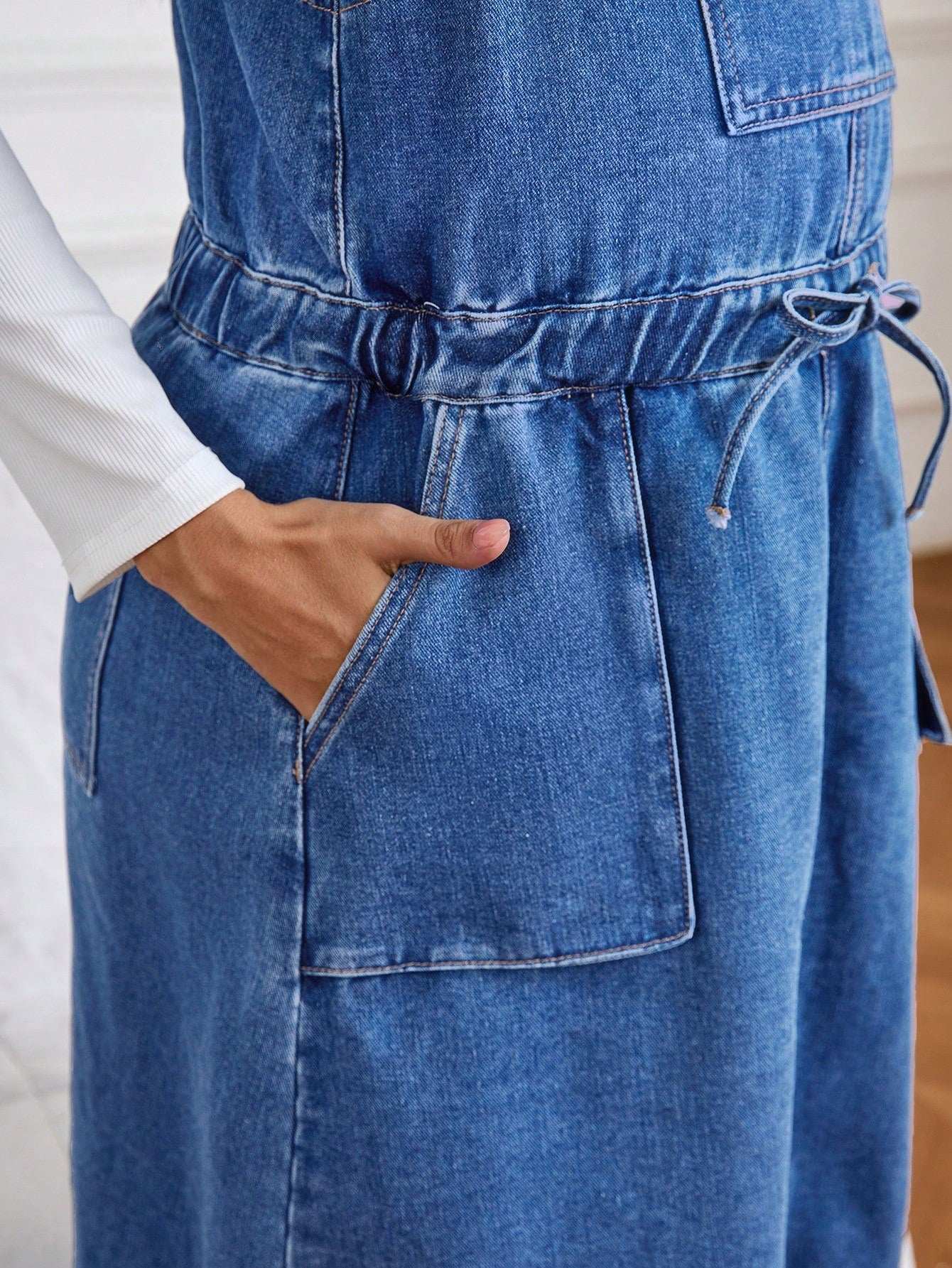 فستان أرديب كاجوال فضفاض أكمام بلا أكمام من الجينز مع جيوب ، صيفي - Pink&blue