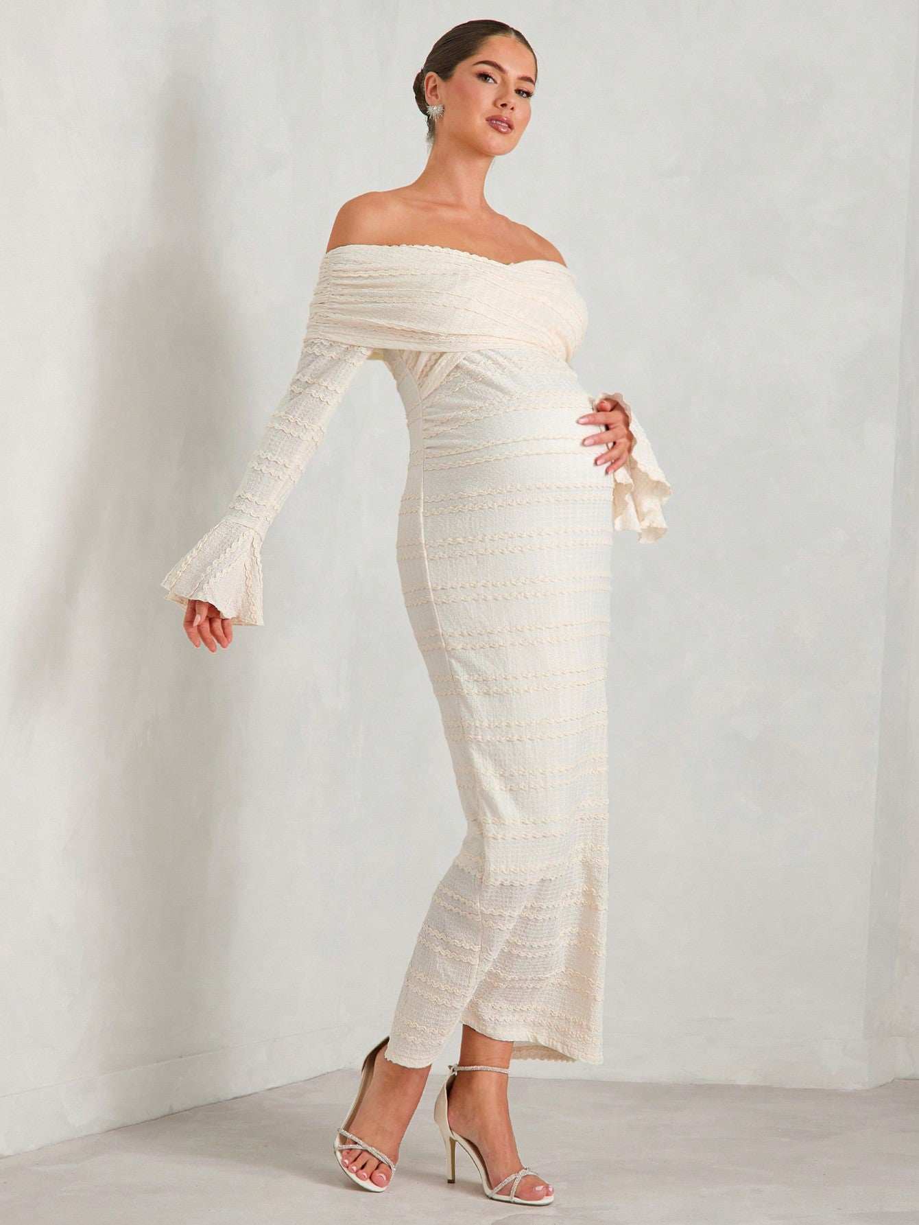 فستان أكتاف مكشوفة صلب للحوامل، قماش مموج طويل الأكمام، مناسب للحفلات والزفاف والسهرات وأعياد المواليد في فصلي الربيع والخريف - Pink&blue