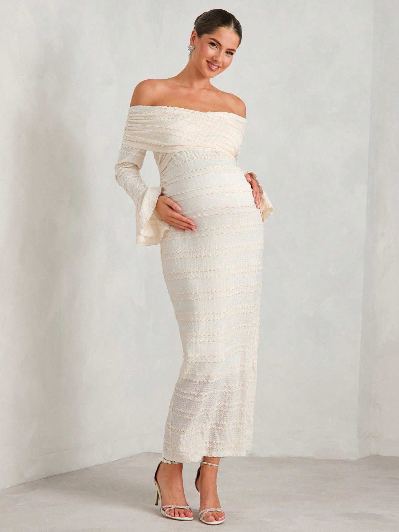 فستان أكتاف مكشوفة صلب للحوامل، قماش مموج طويل الأكمام، مناسب للحفلات والزفاف والسهرات وأعياد المواليد في فصلي الربيع والخريف - Pink&blue