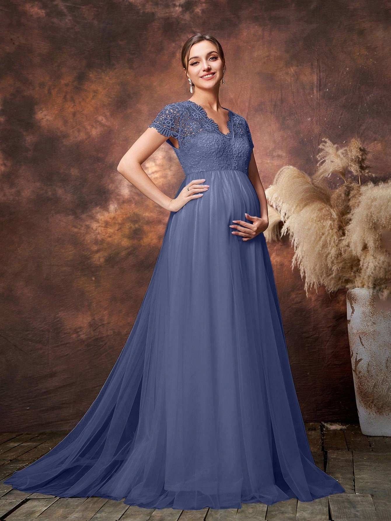 فستان حفلة أنيق للحوامل مصنوع من جسم الدانتيل وحاشية التول اللافت للنظر - Pink&blue