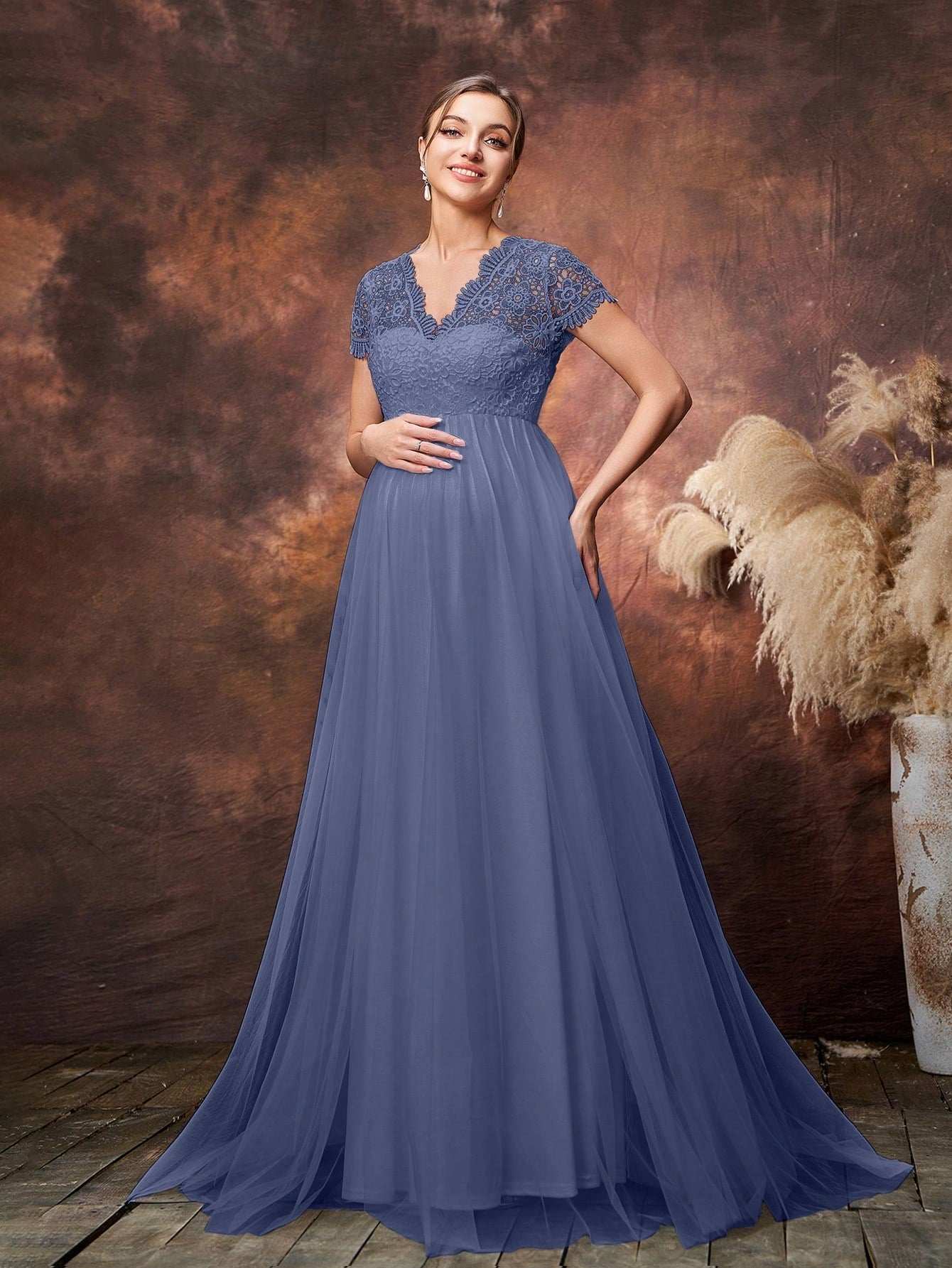 فستان حفلة أنيق للحوامل مصنوع من جسم الدانتيل وحاشية التول اللافت للنظر - Pink&blue