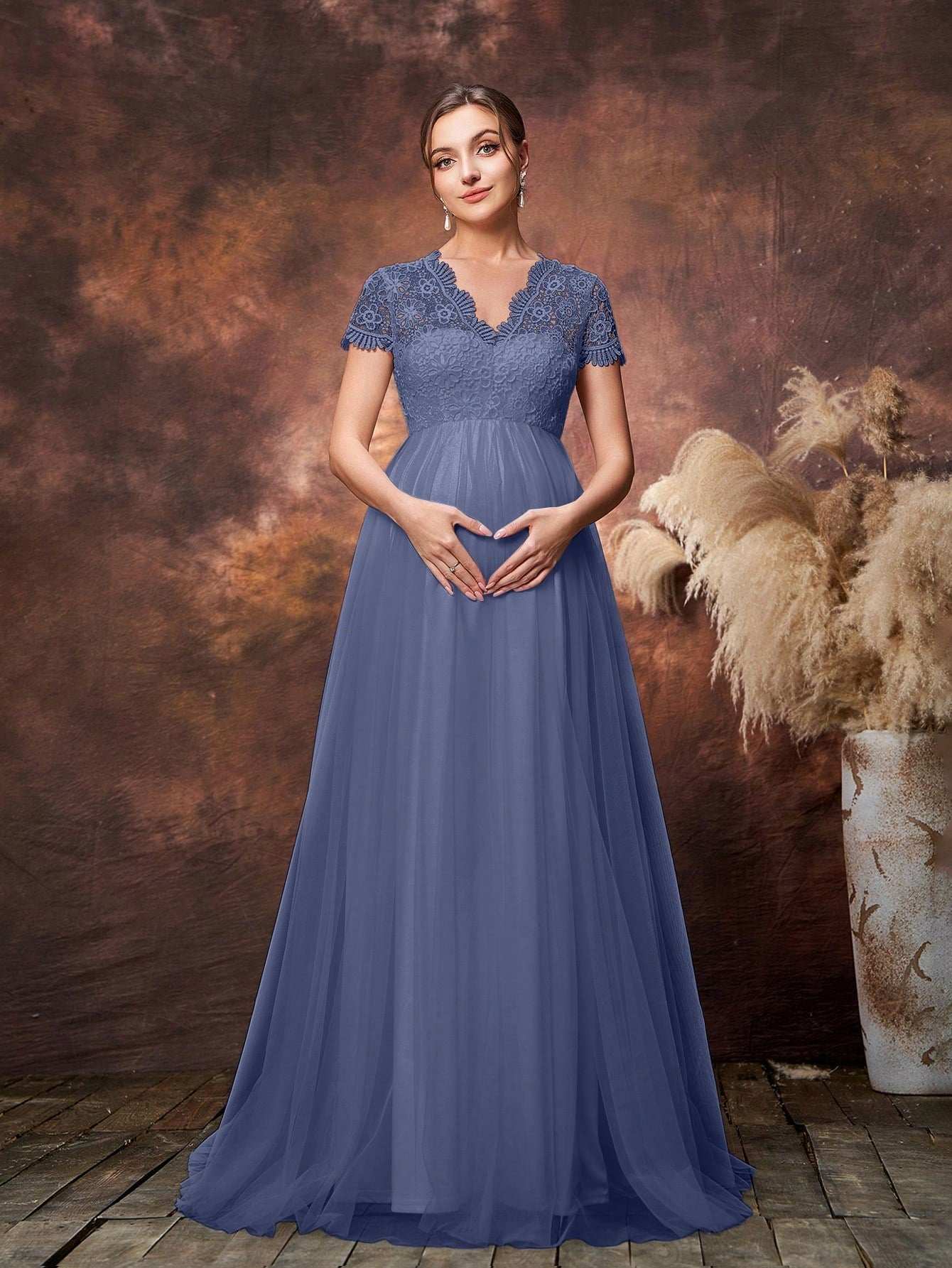 فستان حفلة أنيق للحوامل مصنوع من جسم الدانتيل وحاشية التول اللافت للنظر - Pink&blue