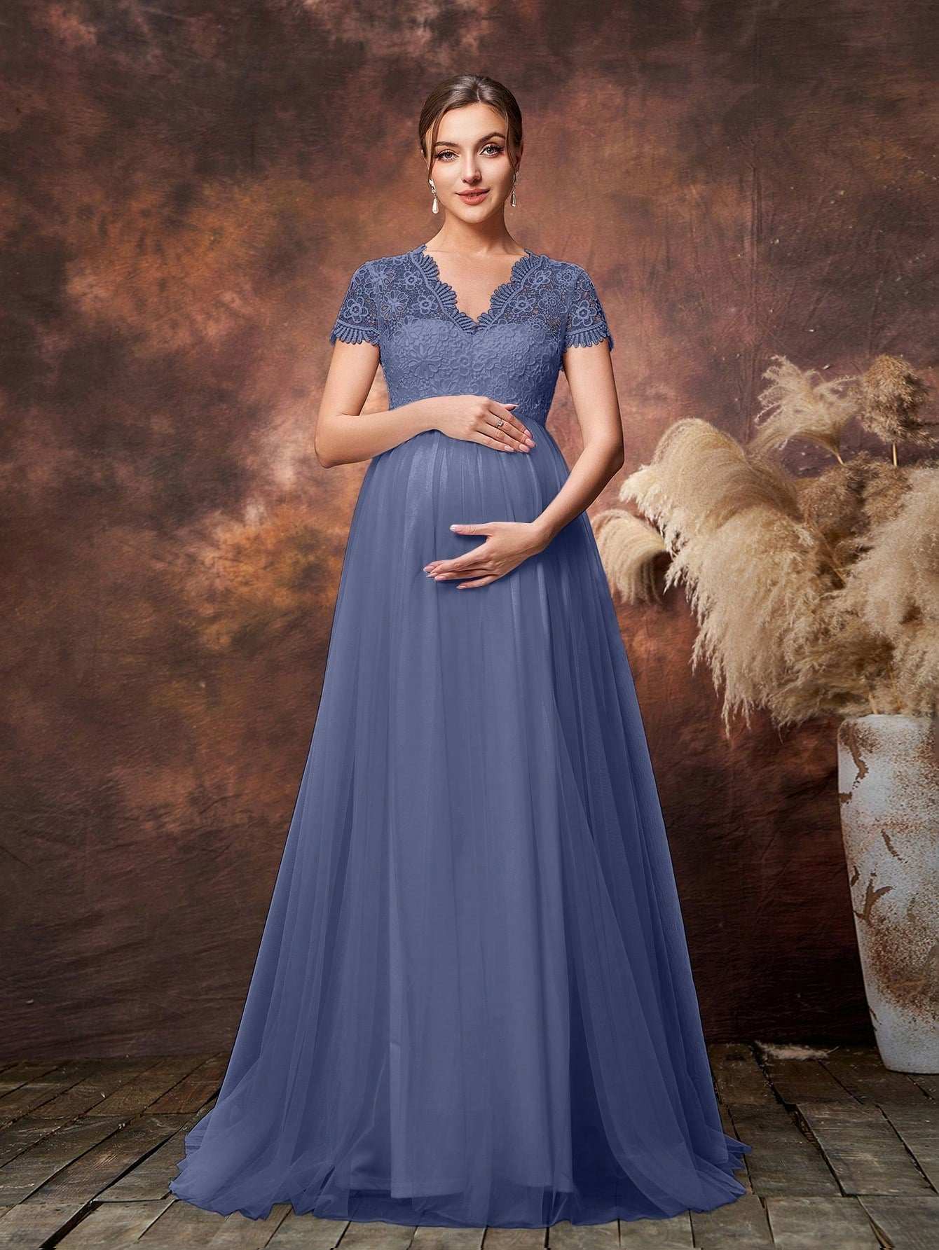 فستان حفلة أنيق للحوامل مصنوع من جسم الدانتيل وحاشية التول اللافت للنظر - Pink&blue