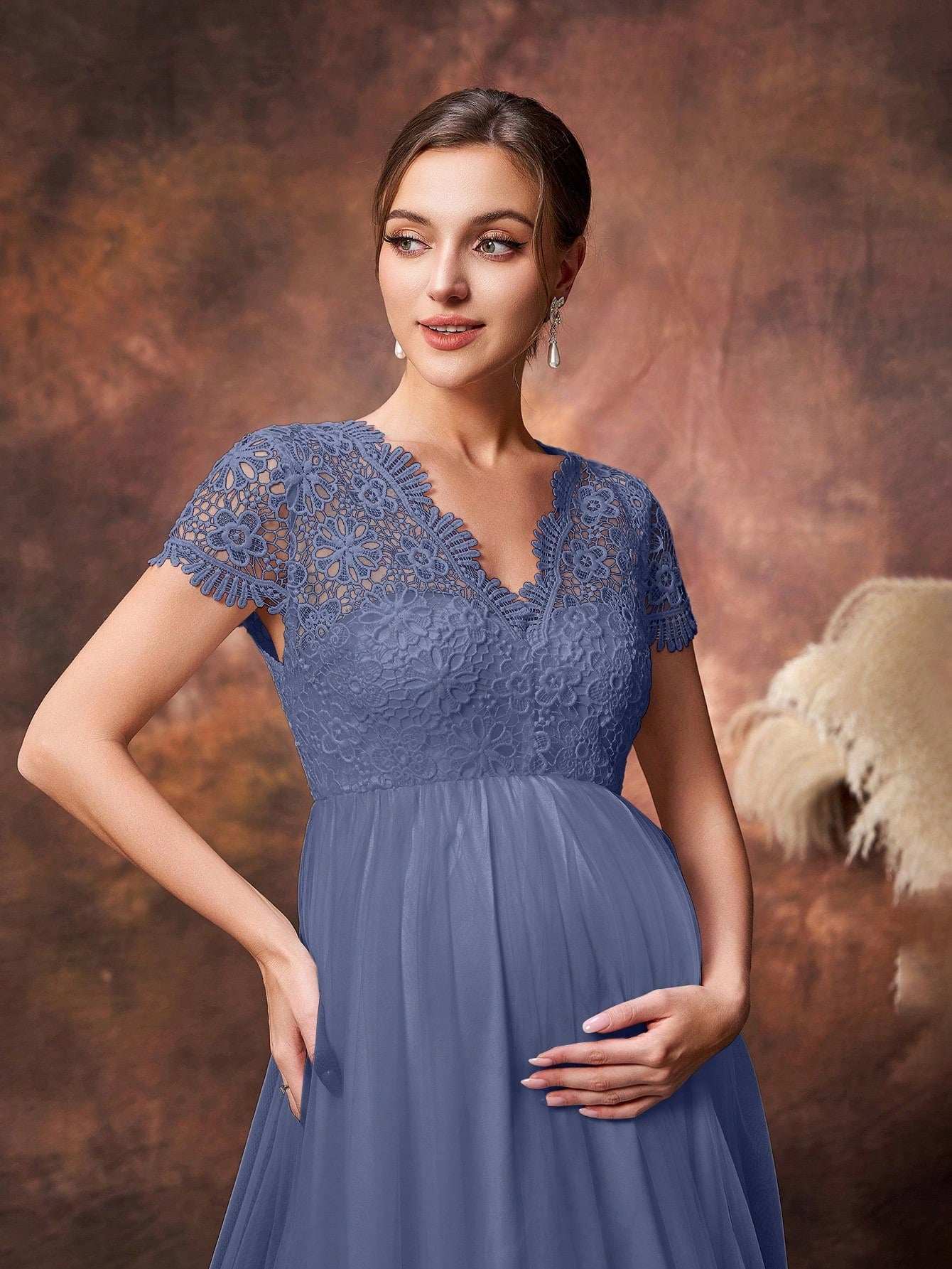 فستان حفلة أنيق للحوامل مصنوع من جسم الدانتيل وحاشية التول اللافت للنظر - Pink&blue