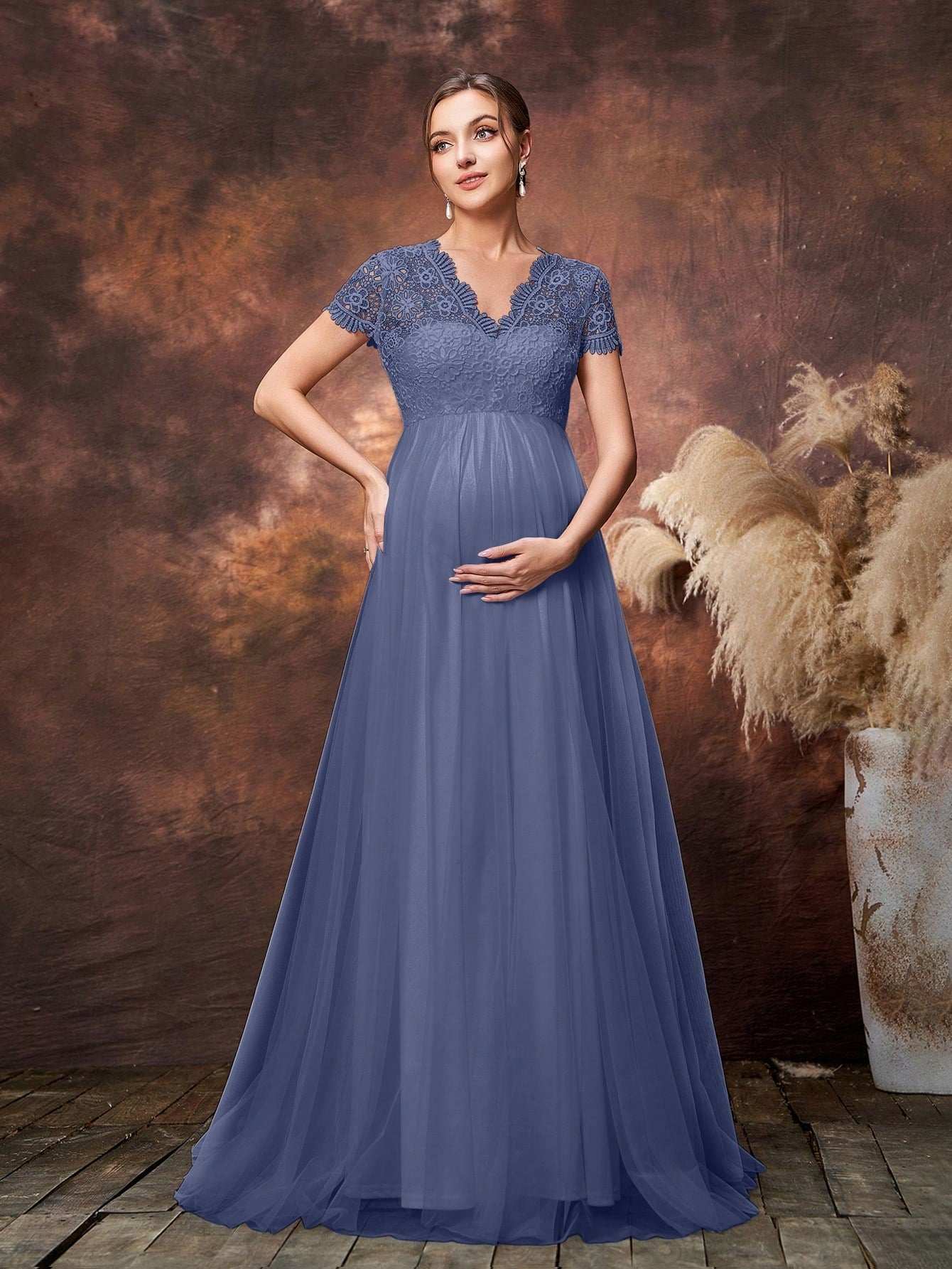 فستان حفلة أنيق للحوامل مصنوع من جسم الدانتيل وحاشية التول اللافت للنظر - Pink&blue