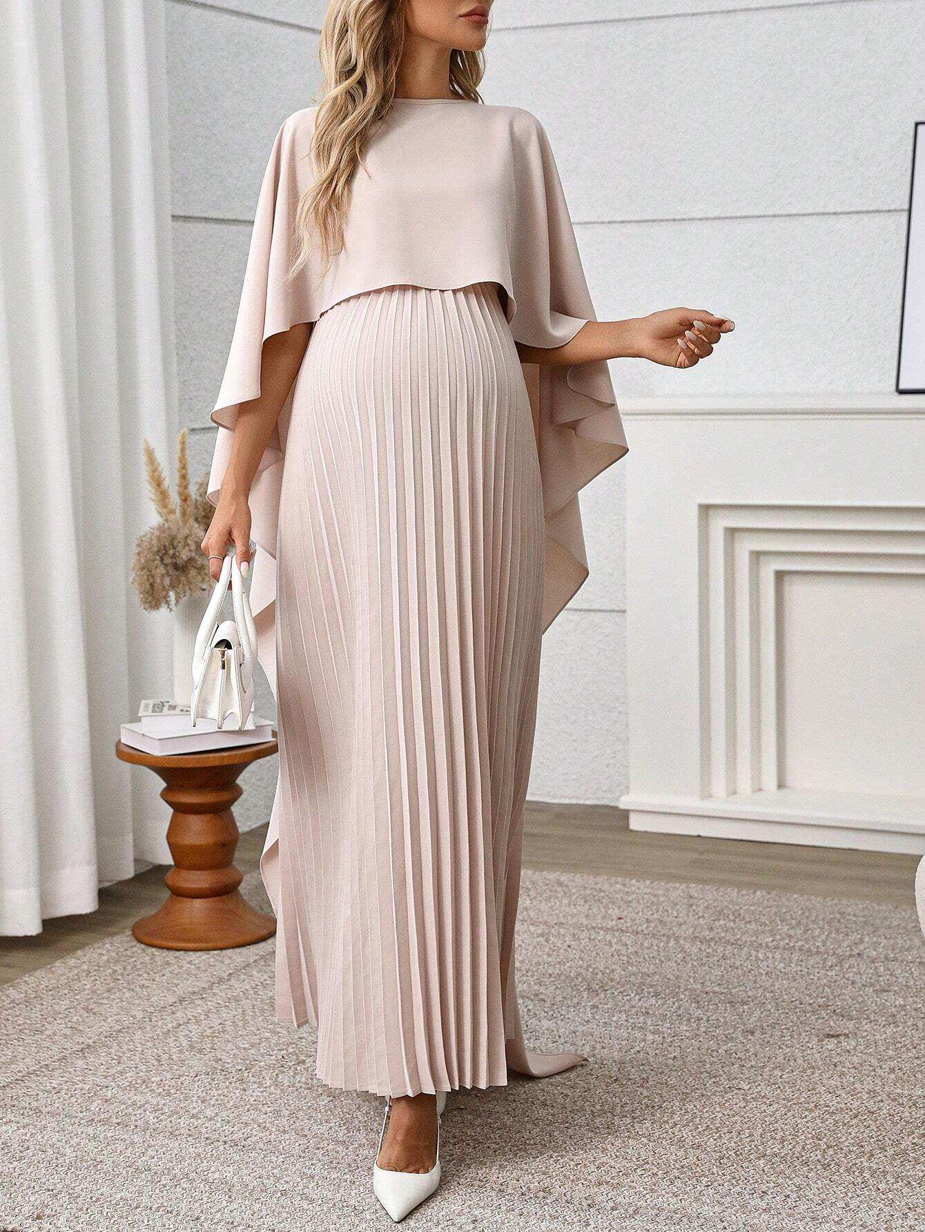 فستان ربيعي خفيف رسمي للأمهات بأكمام منسدلة ذو تصميم أنيق ولون أحادي بسيط - Pink&blue