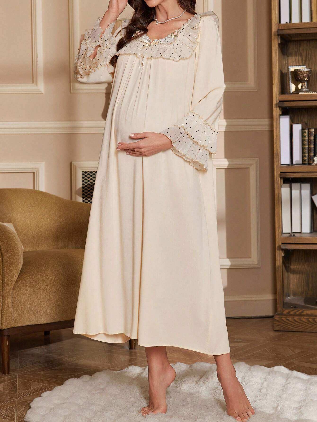 فستان ليلي للأمهات الحوامل بأكمام متسعة وأنماط نقطية بطراز قصري، مريح وفضفاض، مناسب للعطلات - Pink&blue