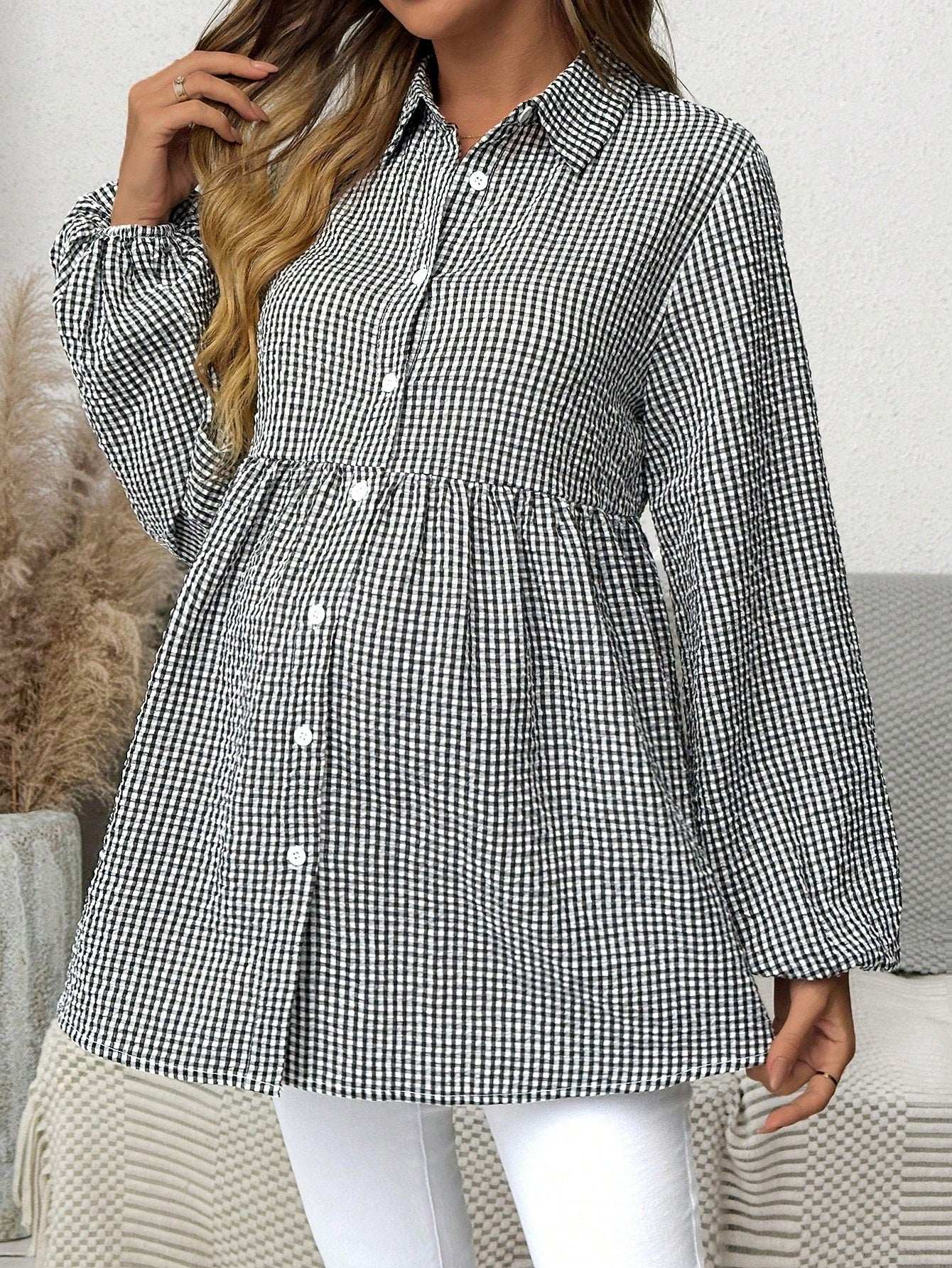 بلوزة أم للحمل بأكمام فانوس مربعة الشكل، كاجوال للخريف - Pink&blue