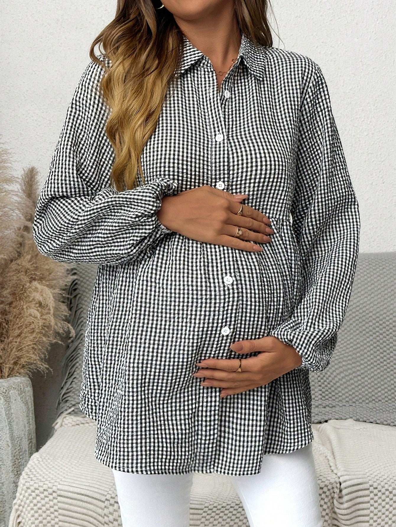 بلوزة أم للحمل بأكمام فانوس مربعة الشكل، كاجوال للخريف - Pink&blue