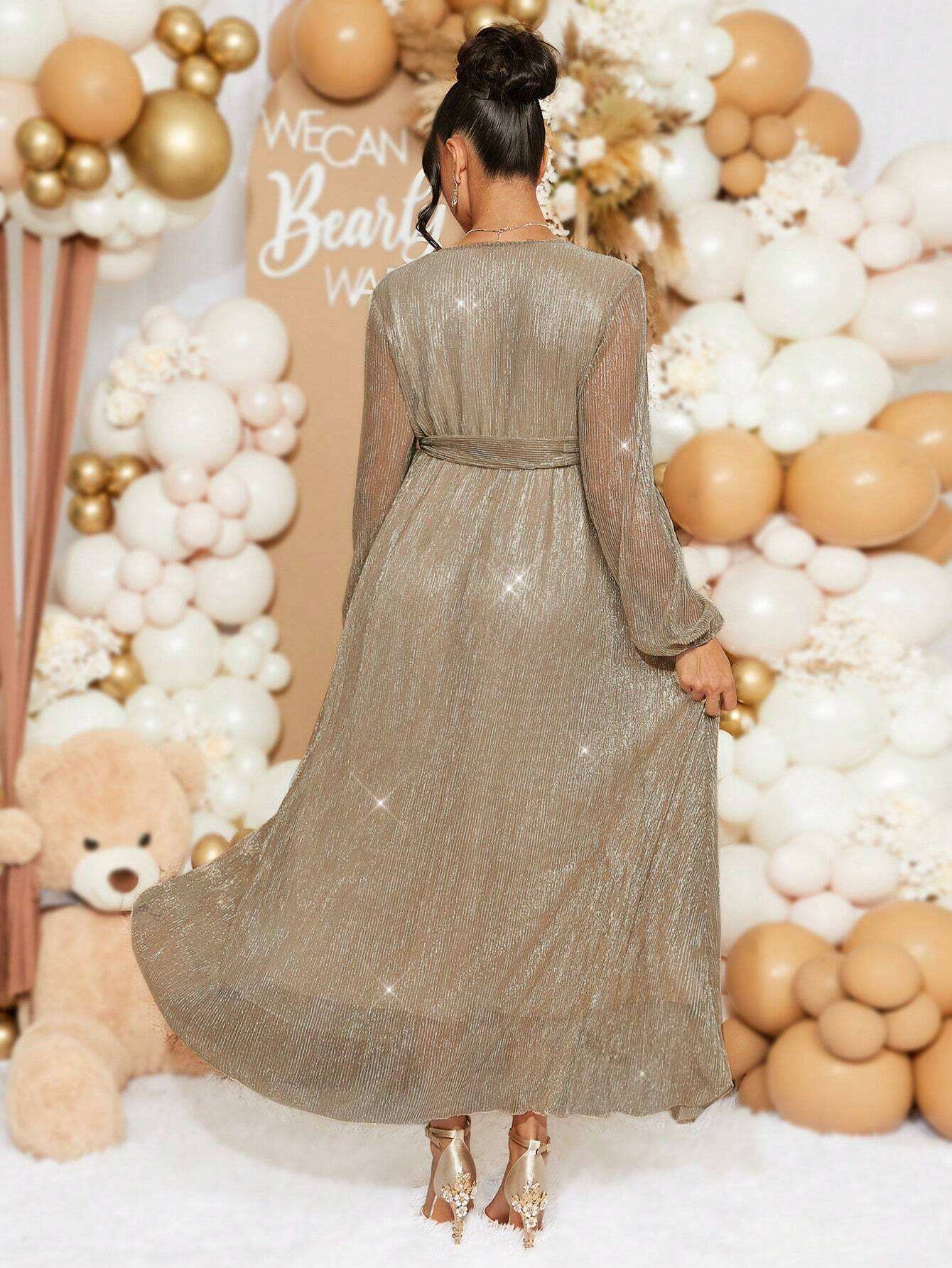 فستان أنيق متنوع الأكمام طويل الأكمام للسيدات الحوامل للاحتفالات والمناسبات ، لحفل استقبال المولود في فصل الخريف - Pink&blue