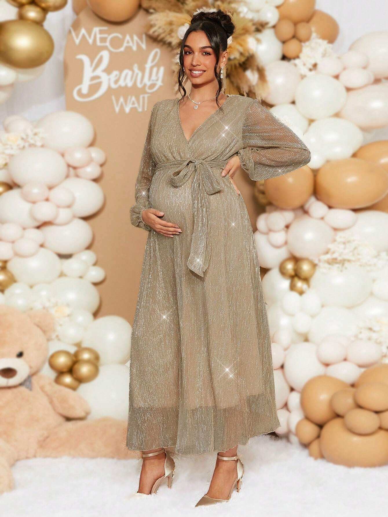 فستان أنيق متنوع الأكمام طويل الأكمام للسيدات الحوامل للاحتفالات والمناسبات ، لحفل استقبال المولود في فصل الخريف - Pink&blue