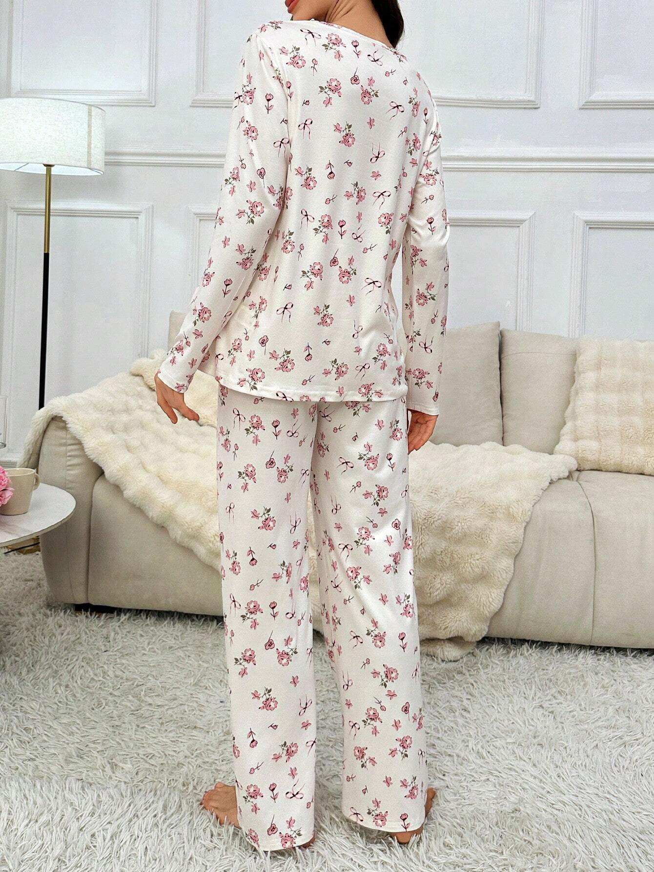 مجموعة ملابس علوية طويلة الأكمام وبنطلون مناسبة للرضاعة الطبيعية مع طباعة زهور صغيرة، ملابس خريفية - Pink&blue