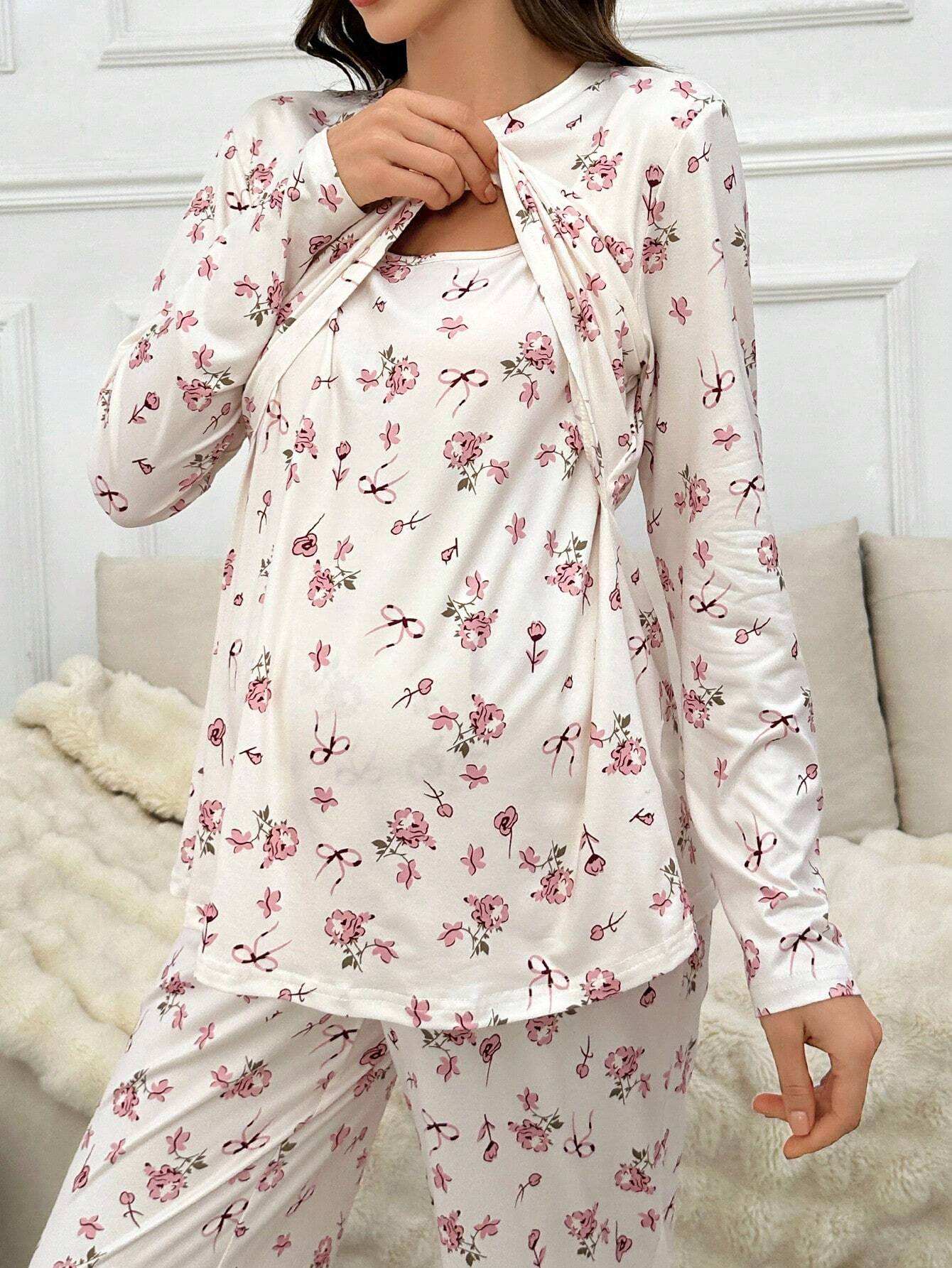 مجموعة ملابس علوية طويلة الأكمام وبنطلون مناسبة للرضاعة الطبيعية مع طباعة زهور صغيرة، ملابس خريفية - Pink&blue