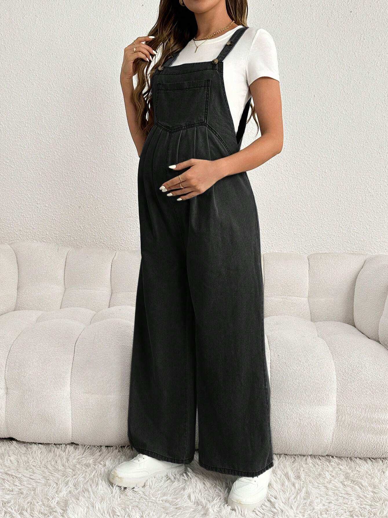 بناطيل جينز جيب للحامل فضفاضة وتشكيلة طويلة وواسعة الساق، بأربطة قابلة للتعديل، باللون الأزرق - Pink&blue