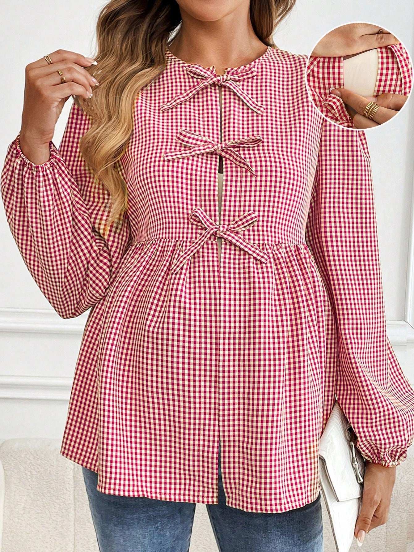 قميص حوامل كشمير طويل الأكمام بياقة مستديرة وزخرفة فيونكة وكشكشة عند الأطراف بطباعة مربعات - Pink&blue