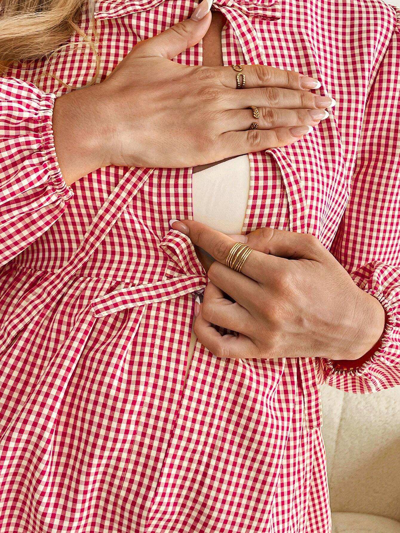 قميص حوامل كشمير طويل الأكمام بياقة مستديرة وزخرفة فيونكة وكشكشة عند الأطراف بطباعة مربعات - Pink&blue