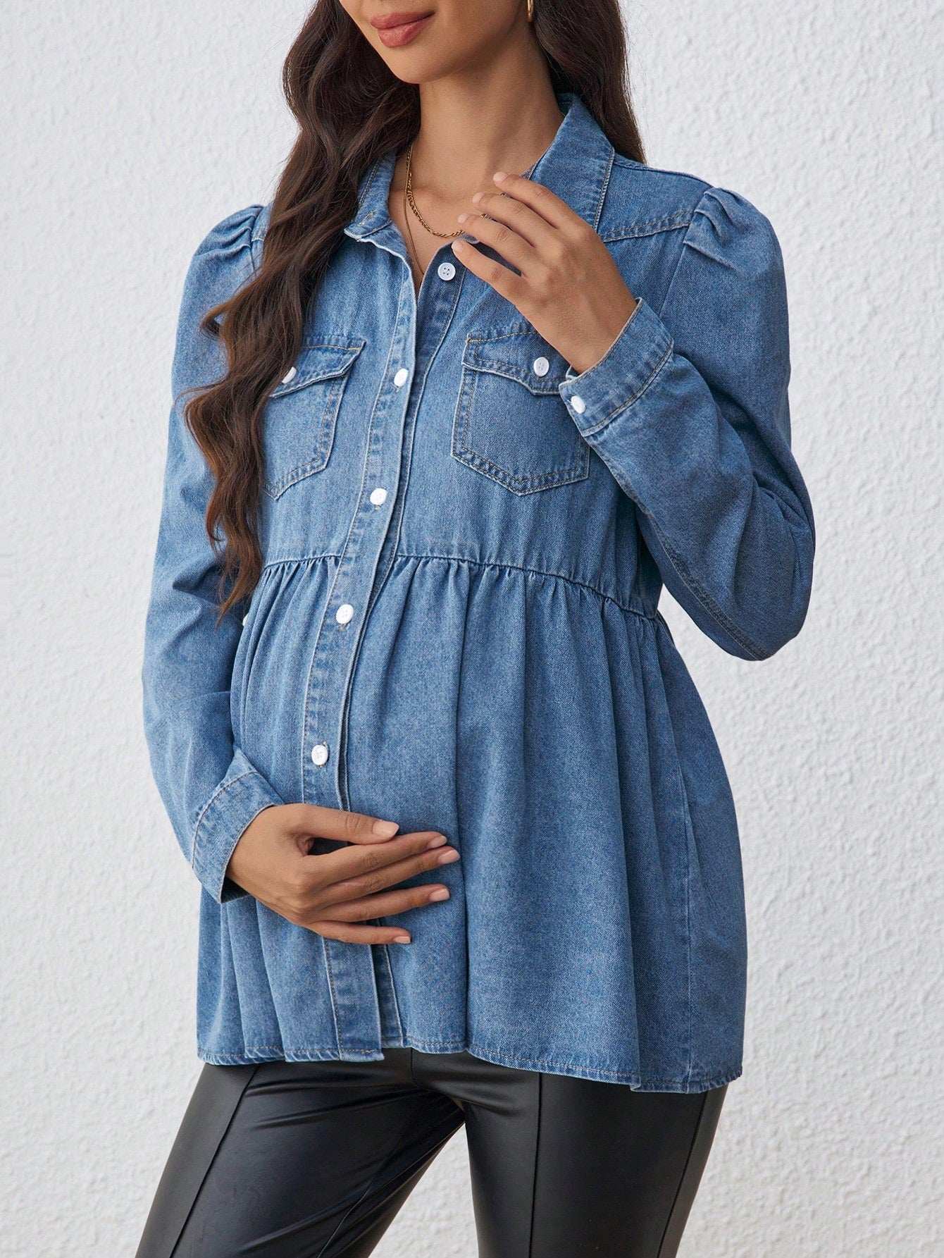 جاكيت جينز للحامل وقميص كاجوال واسع ، أكمام طويلة ، لون أزرق - Pink&blue