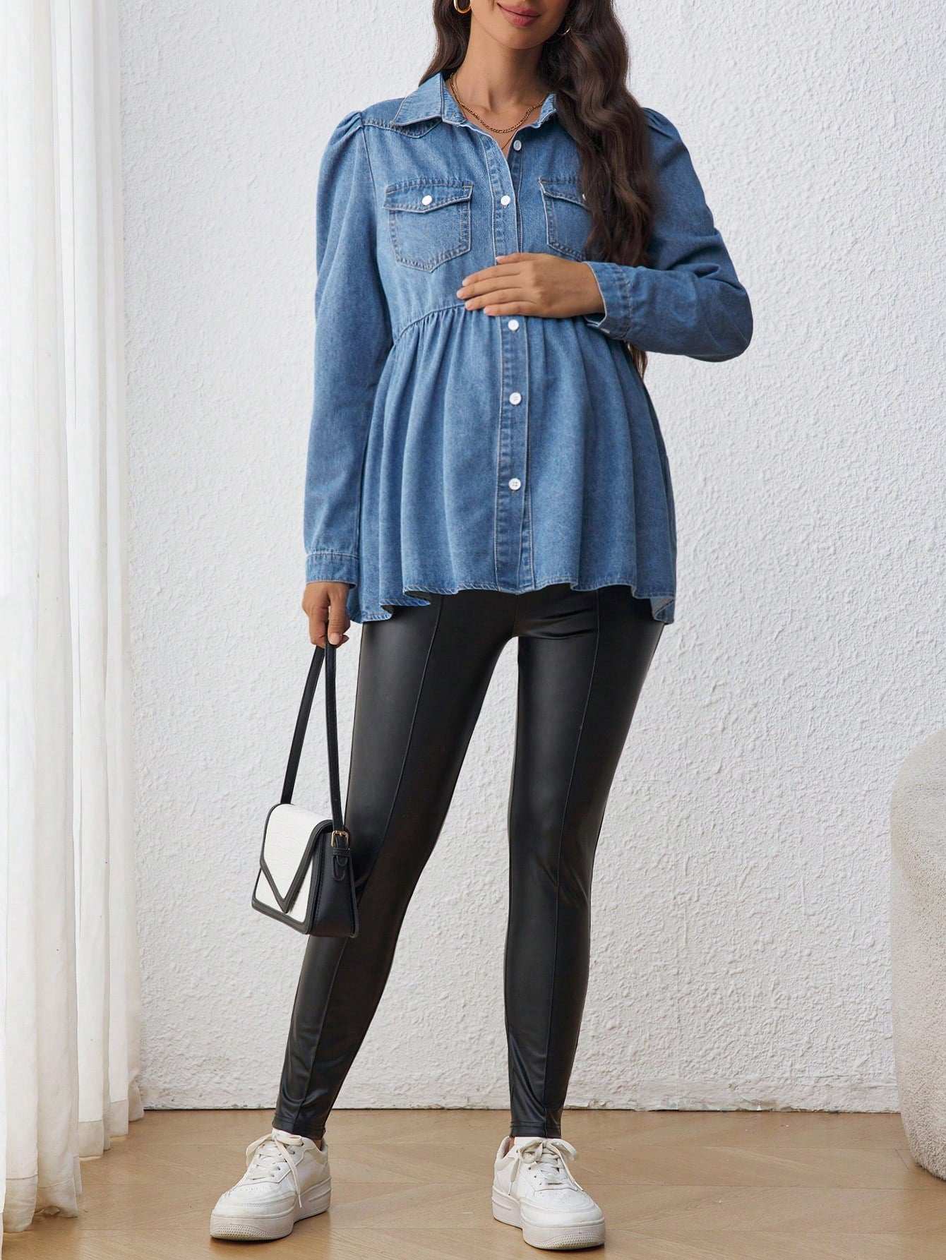 جاكيت جينز للحامل وقميص كاجوال واسع ، أكمام طويلة ، لون أزرق - Pink&blue