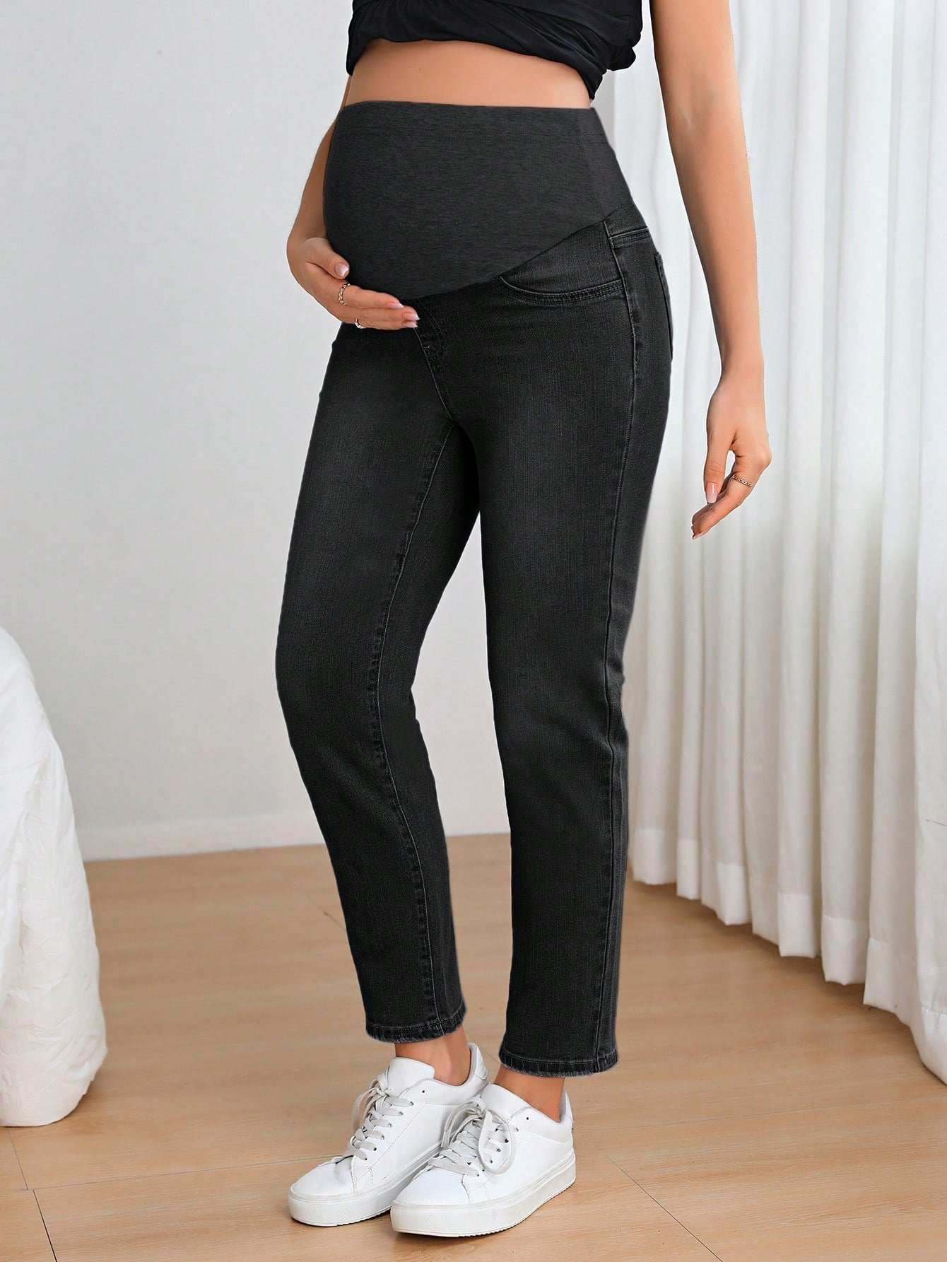 سروال جينز أنيق وعادي للسيدات الحوامل قابل للتعديل الخصر - Pink&blue