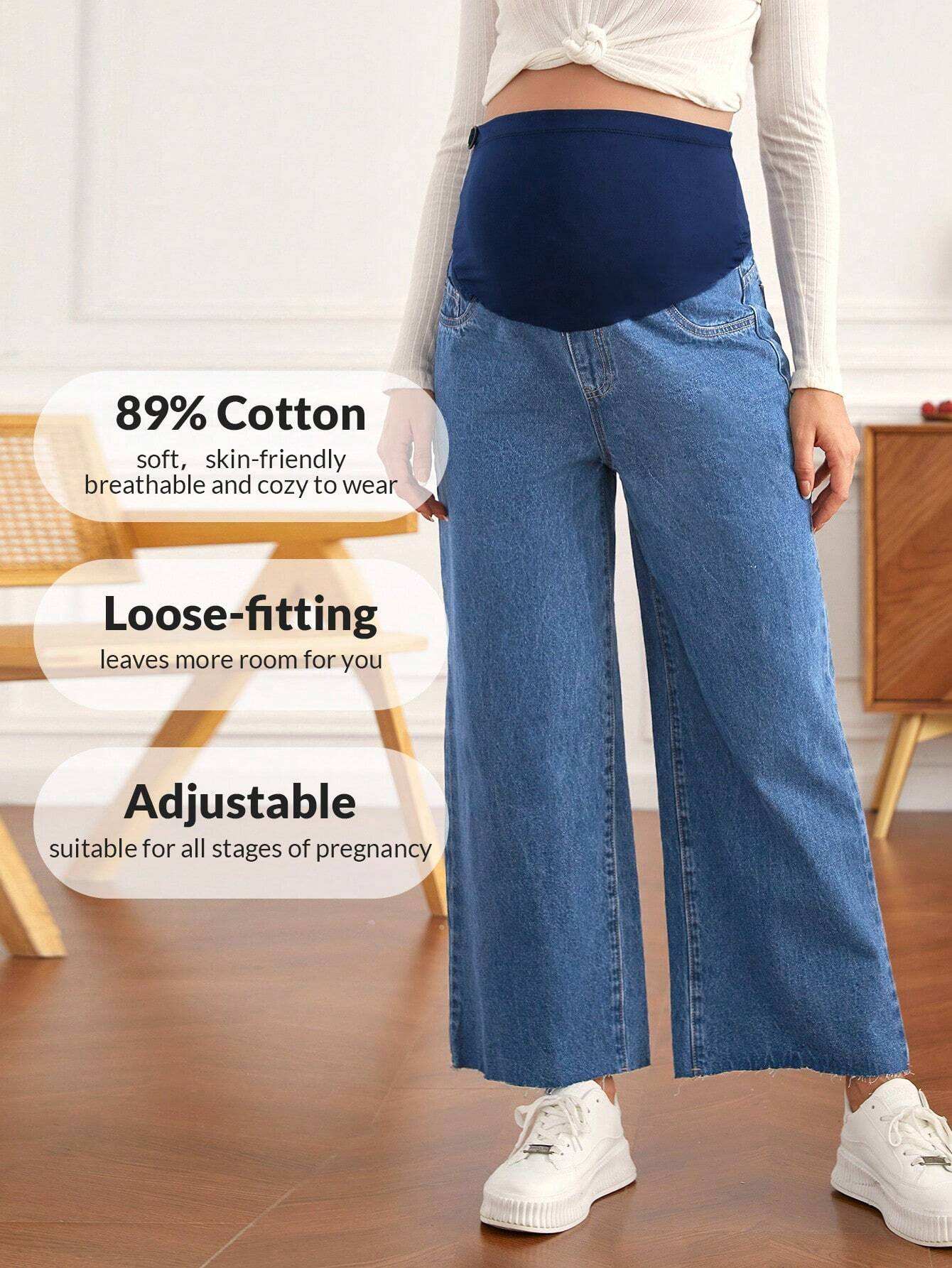 بنطلون جينز قابل للتعديل خصر مرن بحافة مهتري الحواف ساق عريضة للأمومة - Pink&blue