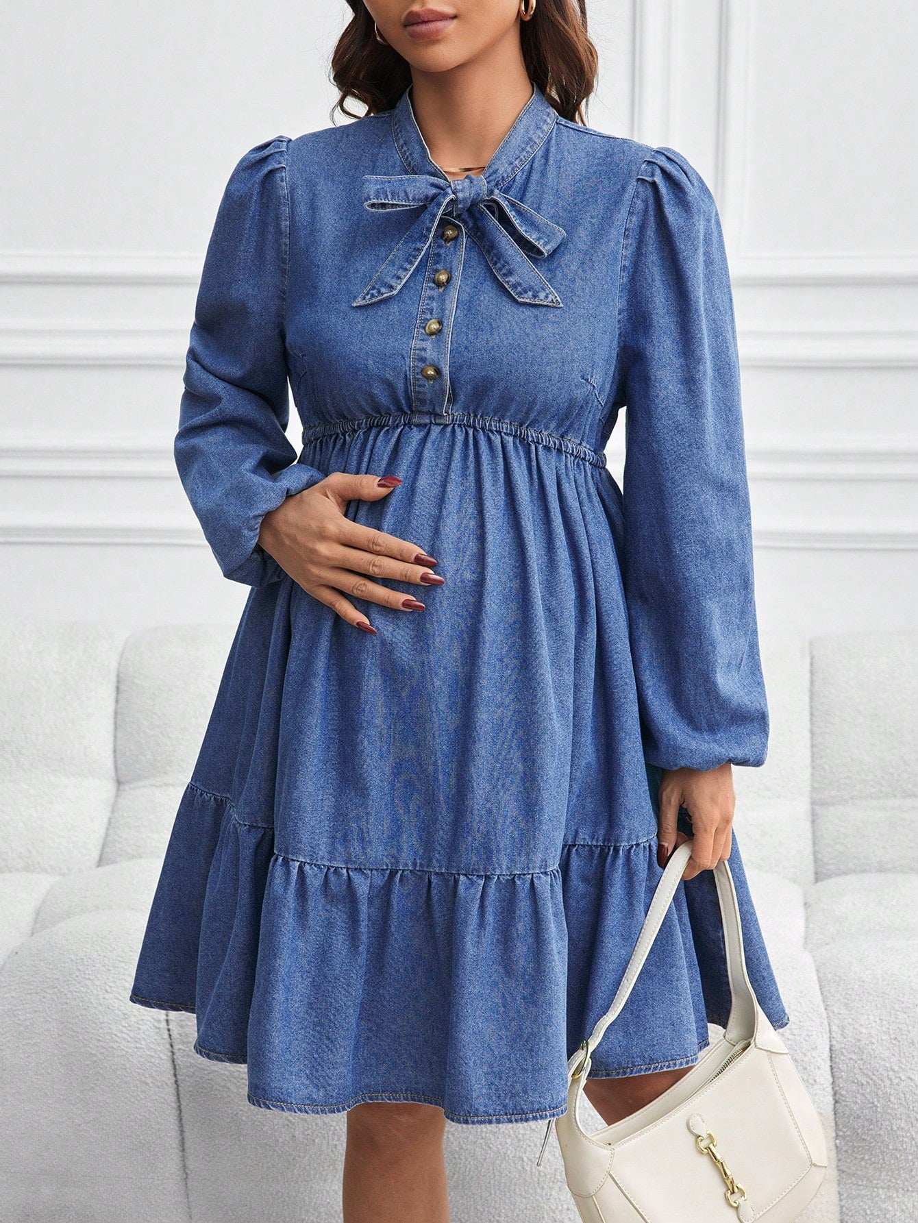 فستان جينز للحوامل بأكمام طويلة فضفاضة وشورت ، أزرق - Pink&blue