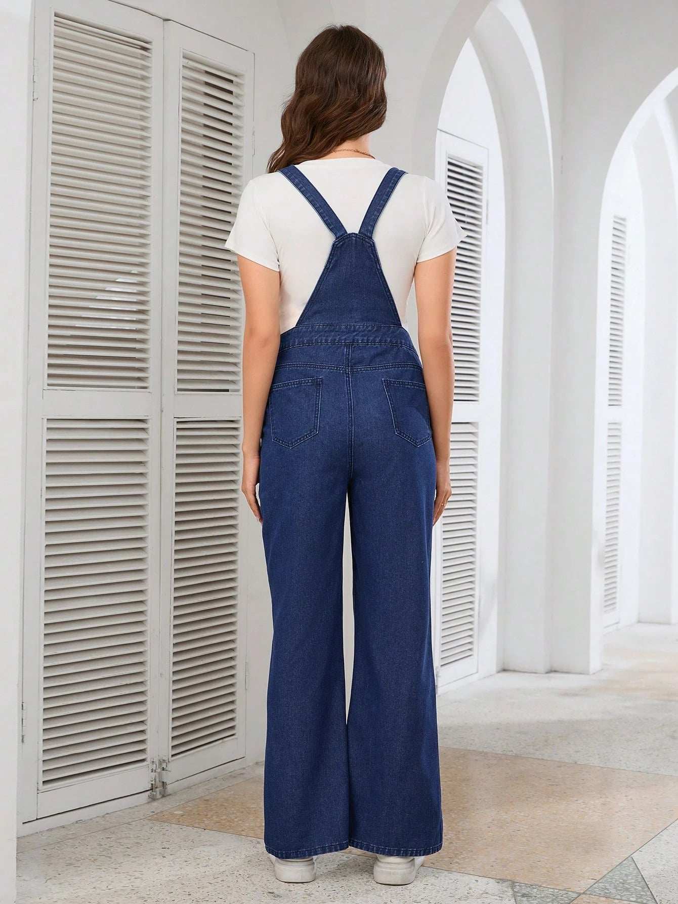 بذلة أوفر أولز جينز بسيطة كاجوال مع جيوب وأشرطة عريضة للسيدات الحوامل - Pink&blue