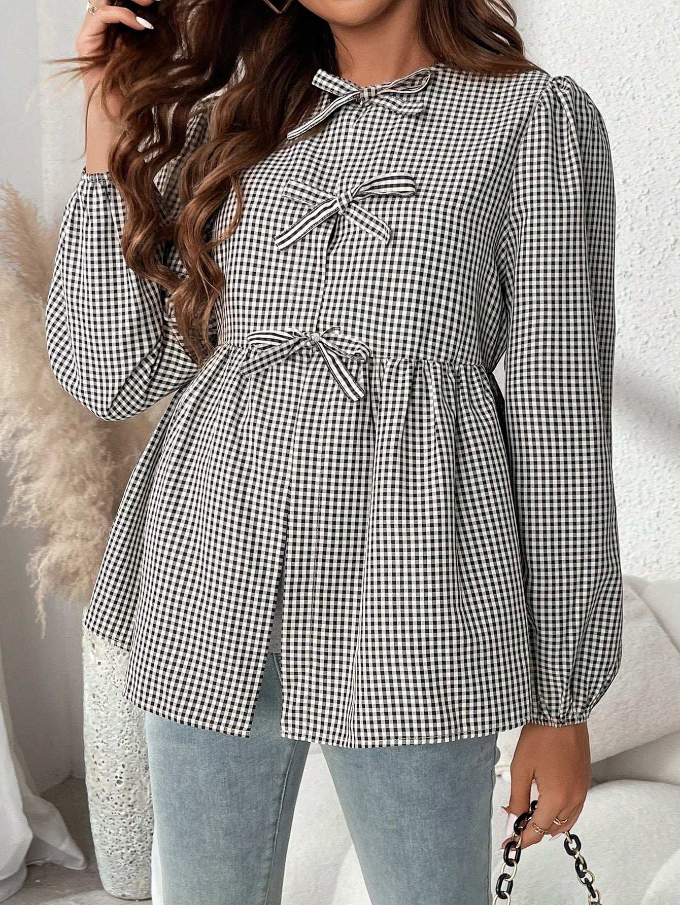 قميص أسير أنيق للحوامل مزين بالقوس، بأكمام عريضة و ياقة مستديرة، مناسب للخريف، للحوامل - Pink&blue