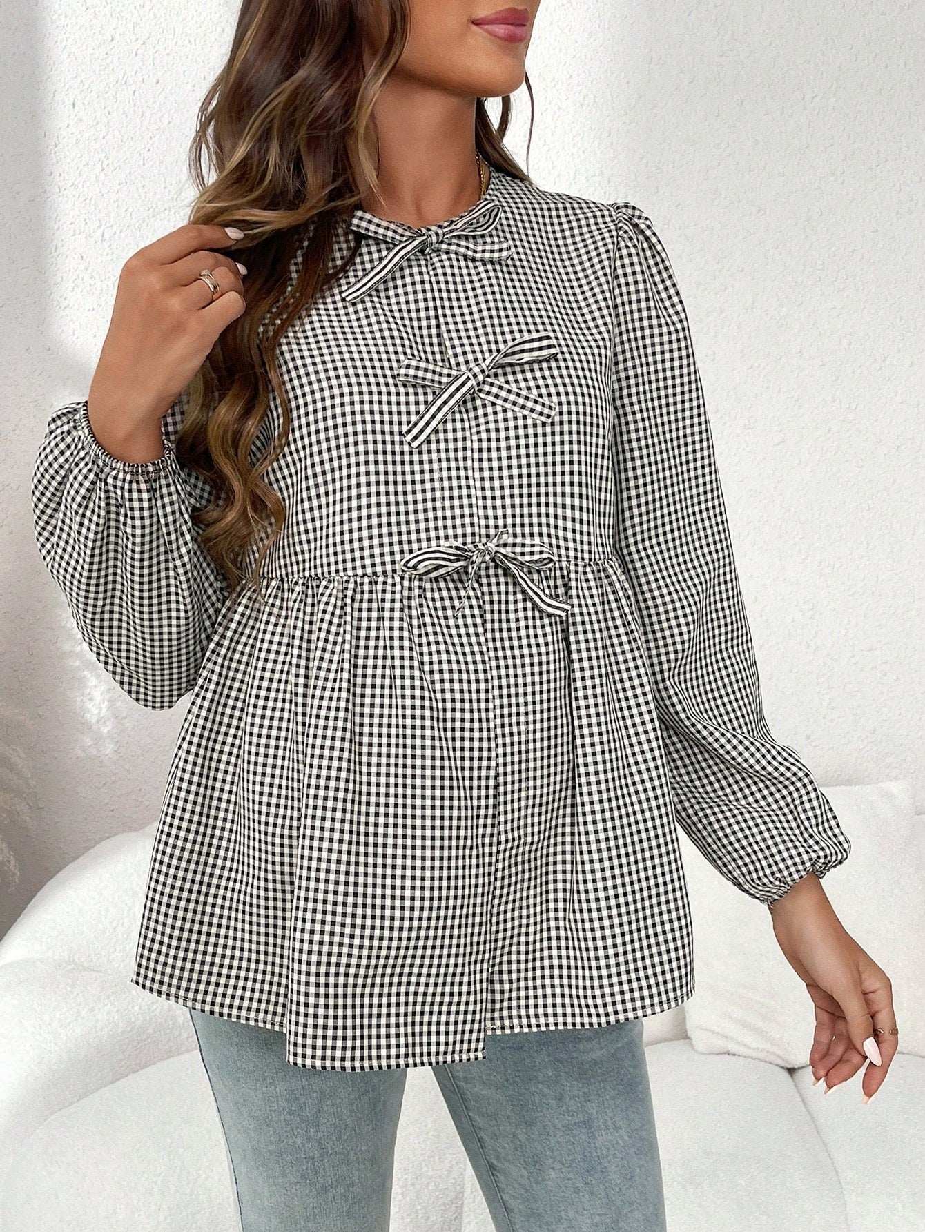 قميص أسير أنيق للحوامل مزين بالقوس، بأكمام عريضة و ياقة مستديرة، مناسب للخريف، للحوامل - Pink&blue