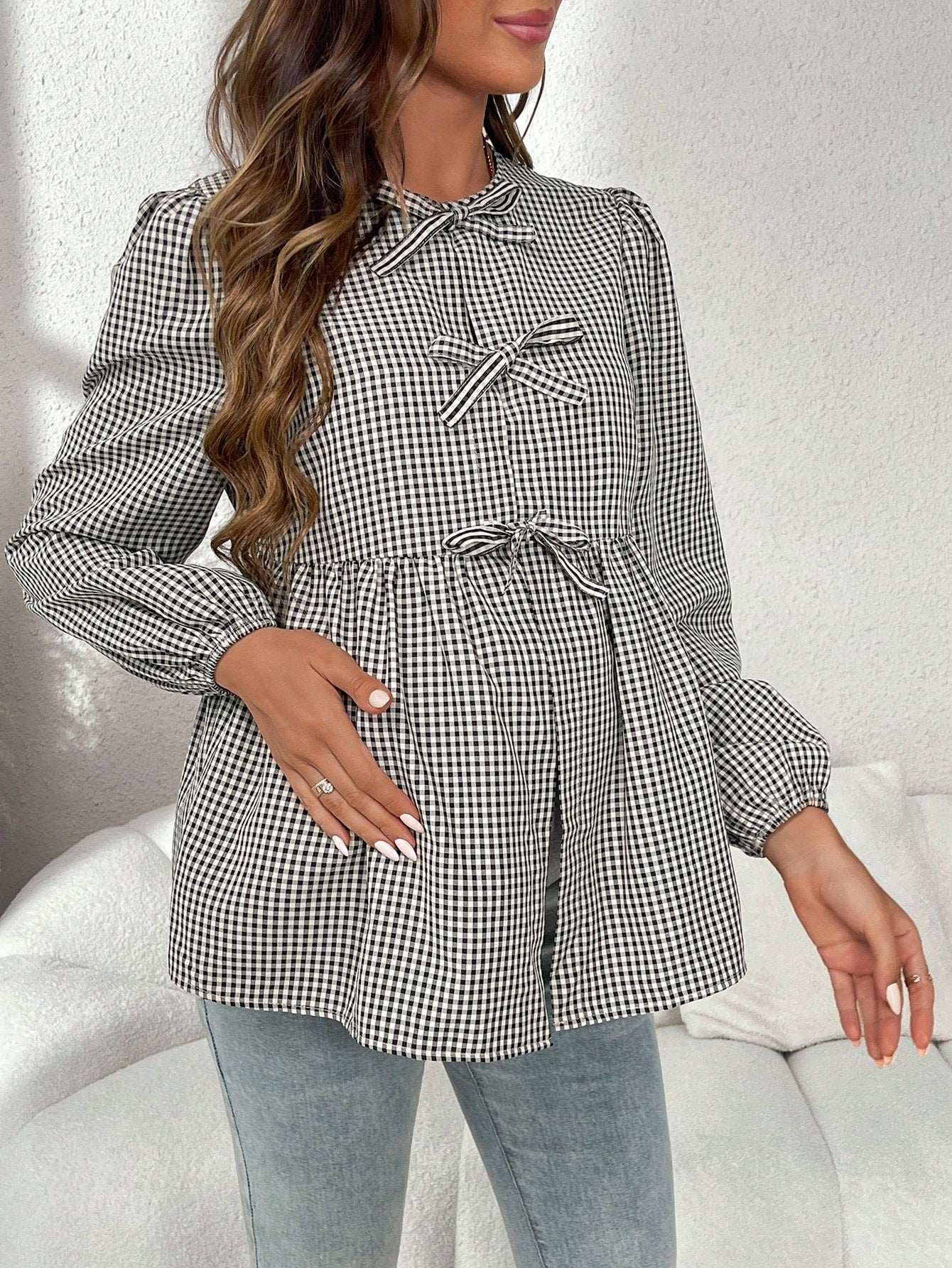 قميص أسير أنيق للحوامل مزين بالقوس، بأكمام عريضة و ياقة مستديرة، مناسب للخريف، للحوامل - Pink&blue