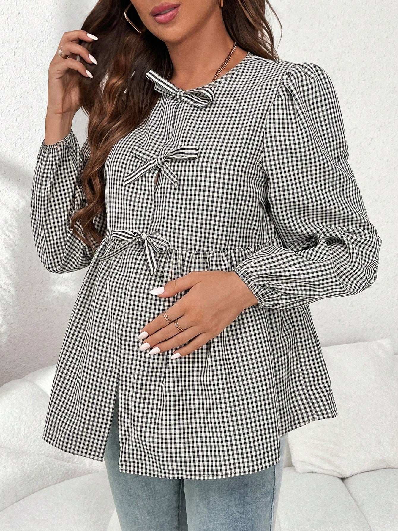 قميص أسير أنيق للحوامل مزين بالقوس، بأكمام عريضة و ياقة مستديرة، مناسب للخريف، للحوامل - Pink&blue