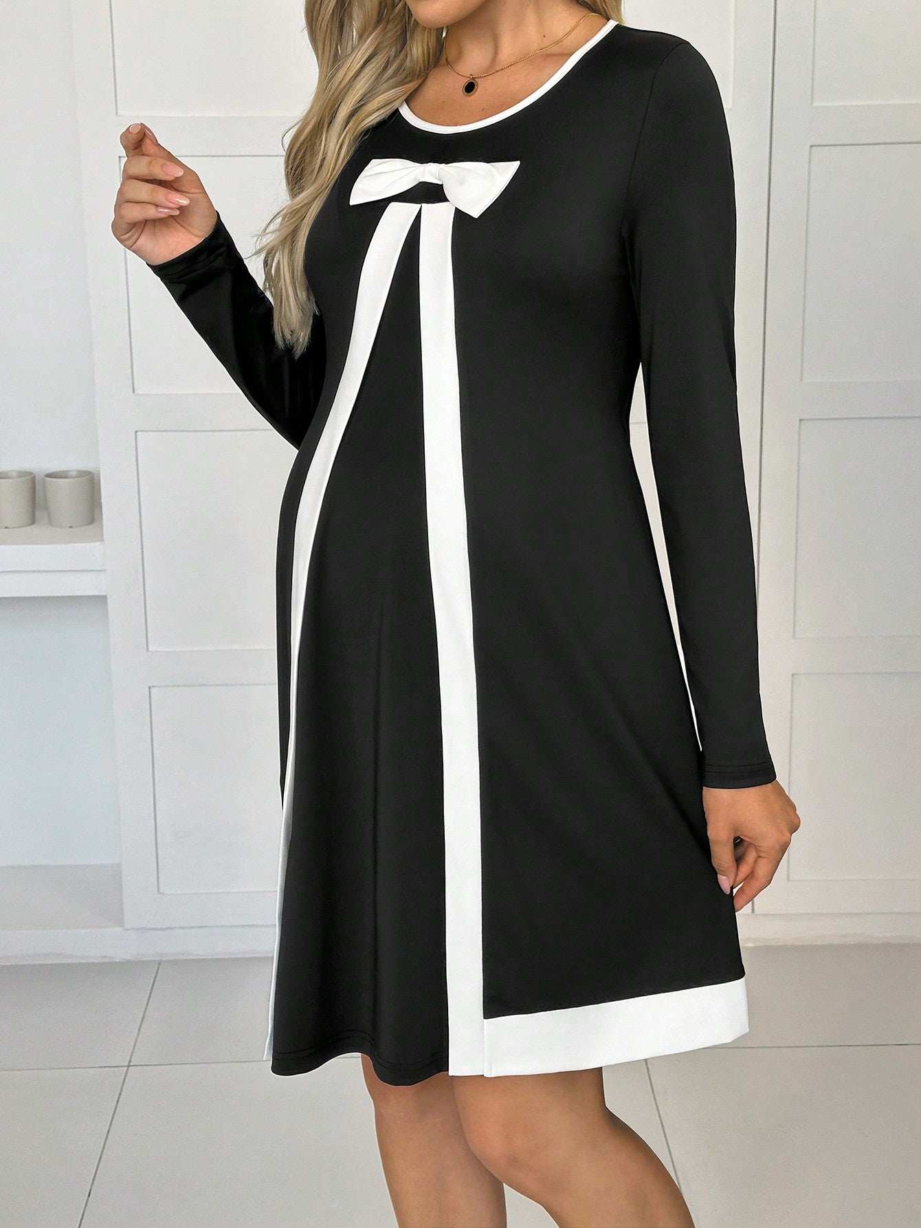 فستان للحوامل أنيق أوروبي وأمريكي مستورد بياقة مستديرة وأكمام طويلة - Pink&blue