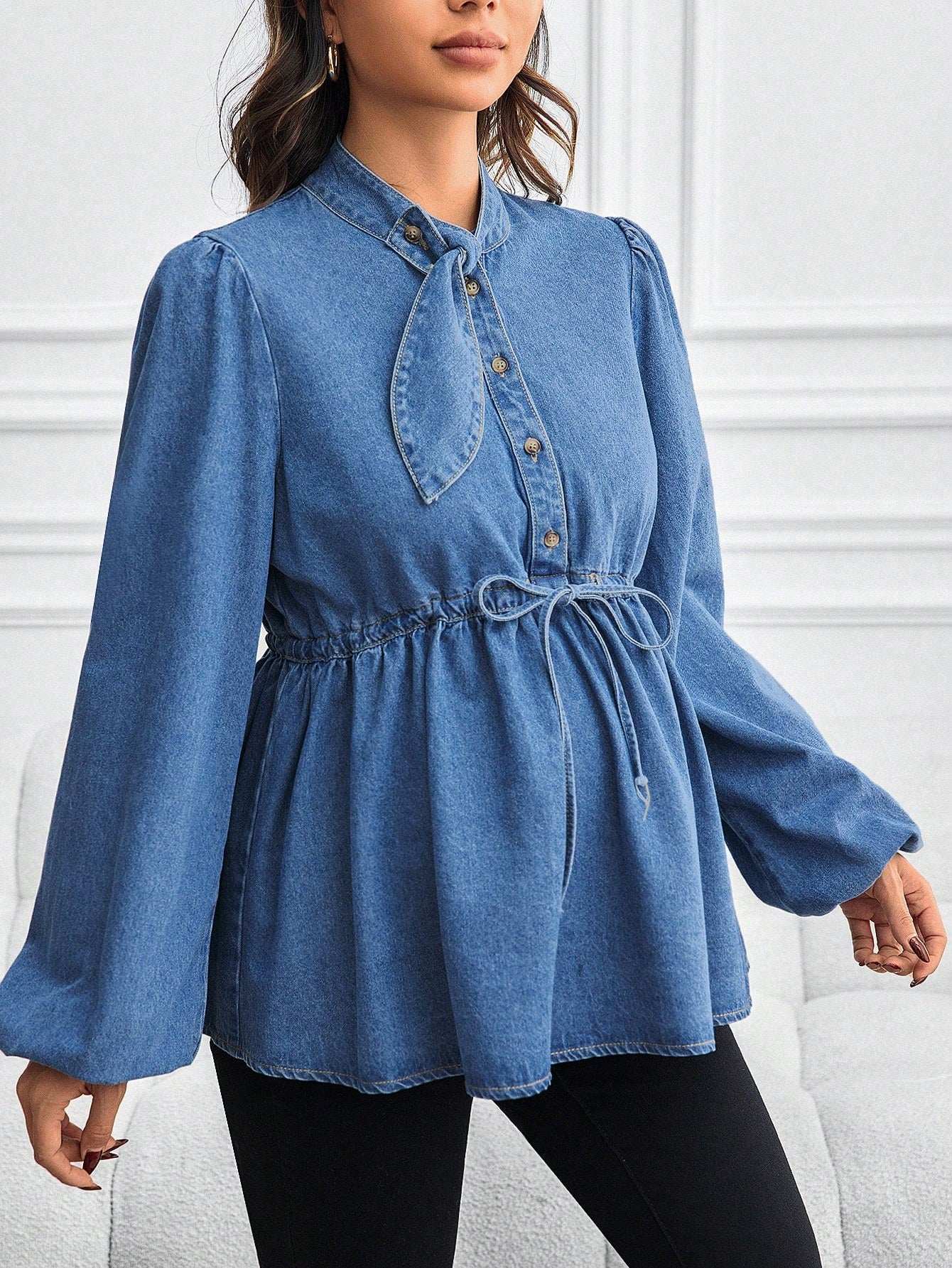 قميص/بلوزة من الجينز بياقة فانوس وخصر ربطة للحوامل - Pink&blue
