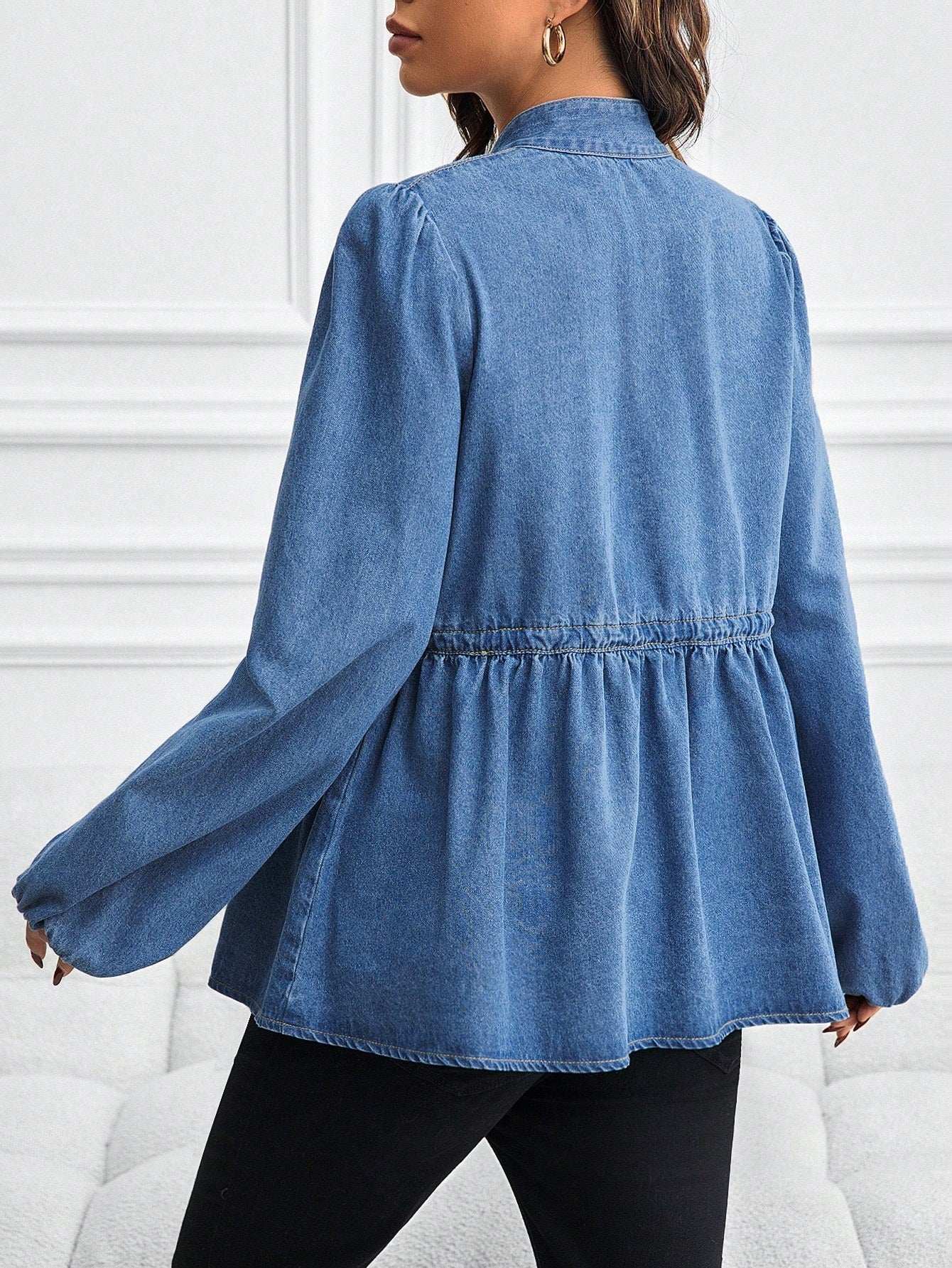 قميص/بلوزة من الجينز بياقة فانوس وخصر ربطة للحوامل - Pink&blue