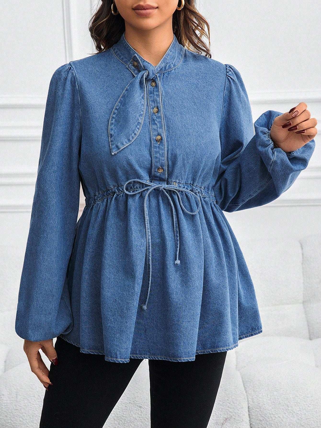 قميص/بلوزة من الجينز بياقة فانوس وخصر ربطة للحوامل - Pink&blue