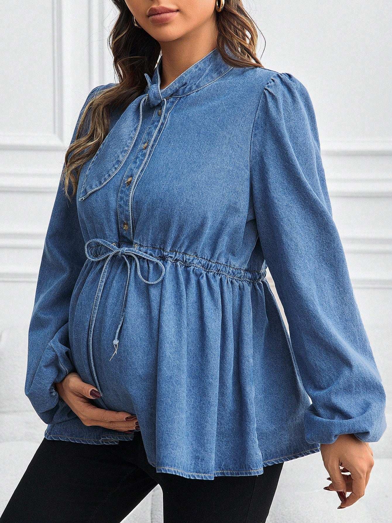 قميص/بلوزة من الجينز بياقة فانوس وخصر ربطة للحوامل - Pink&blue