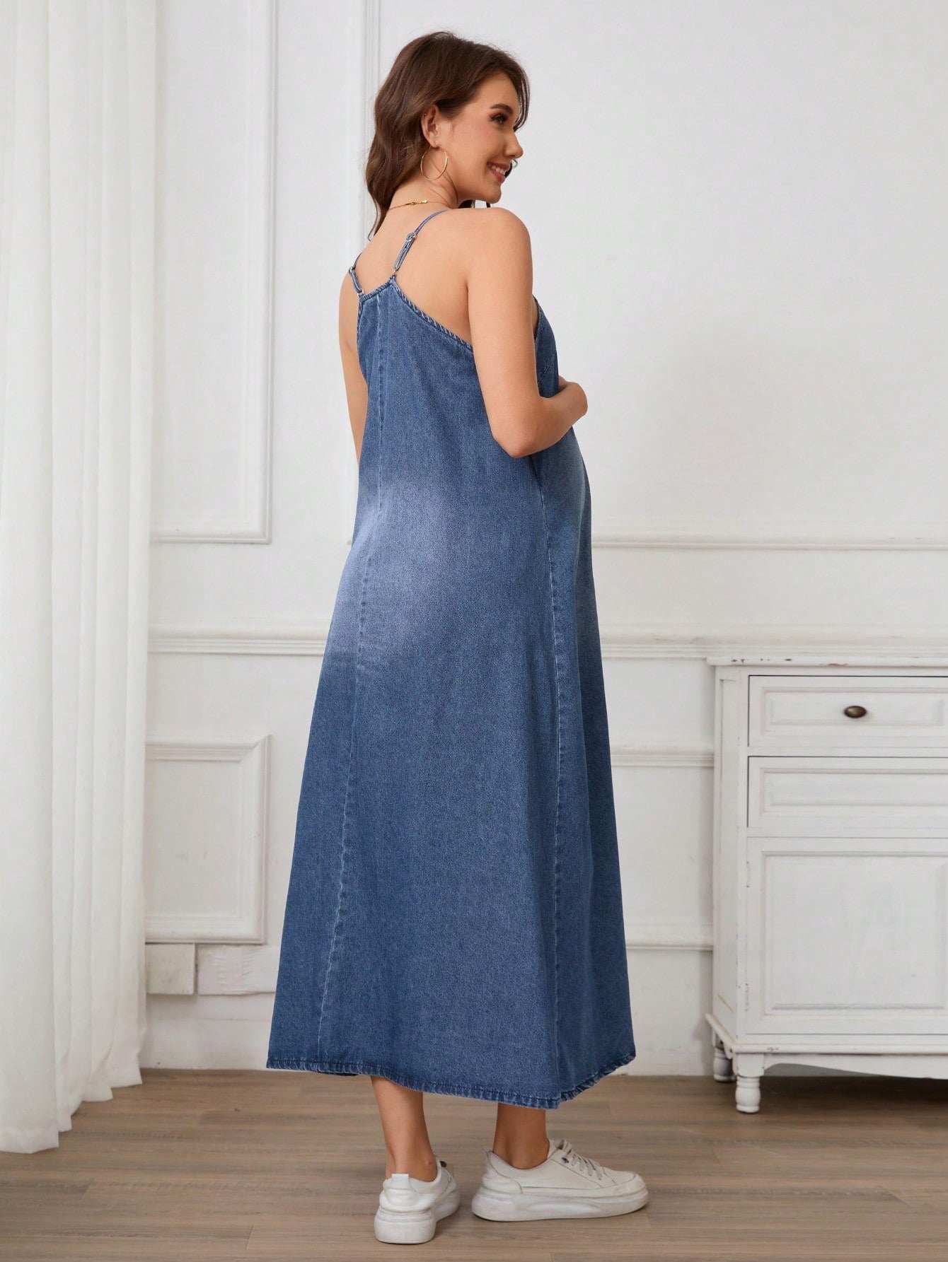 فستان جينز طويل كاجوال ذا حمالات رفيعة بسيطة للحمل - Pink&blue