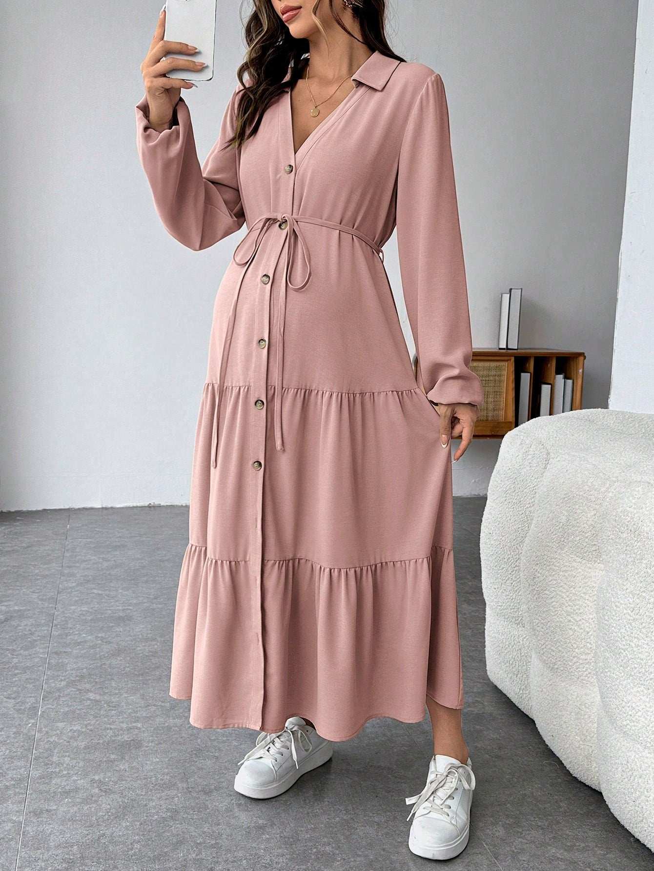 فستان قميص متموج الذيل مع أزرار وحزام للسيدات الحوامل - Pink&blue