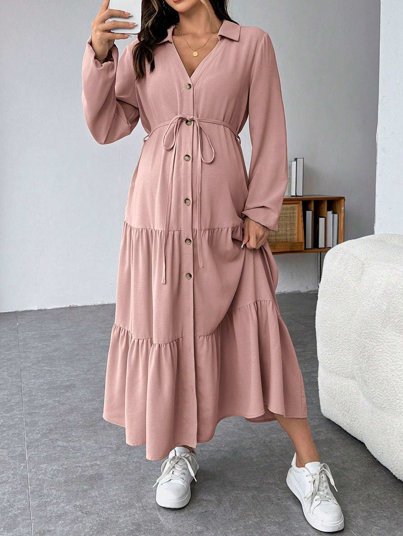 فستان قميص متموج الذيل مع أزرار وحزام للسيدات الحوامل - Pink&blue